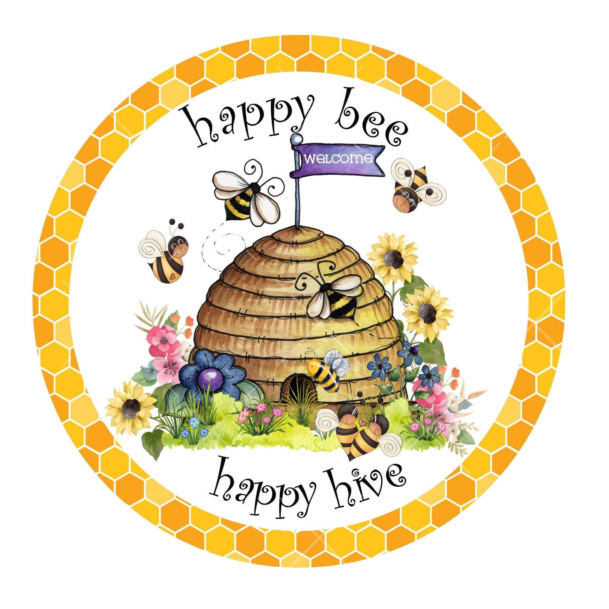 Happy bee wreath sign, metal wreath sign, signs for wreaths, round wreath sign