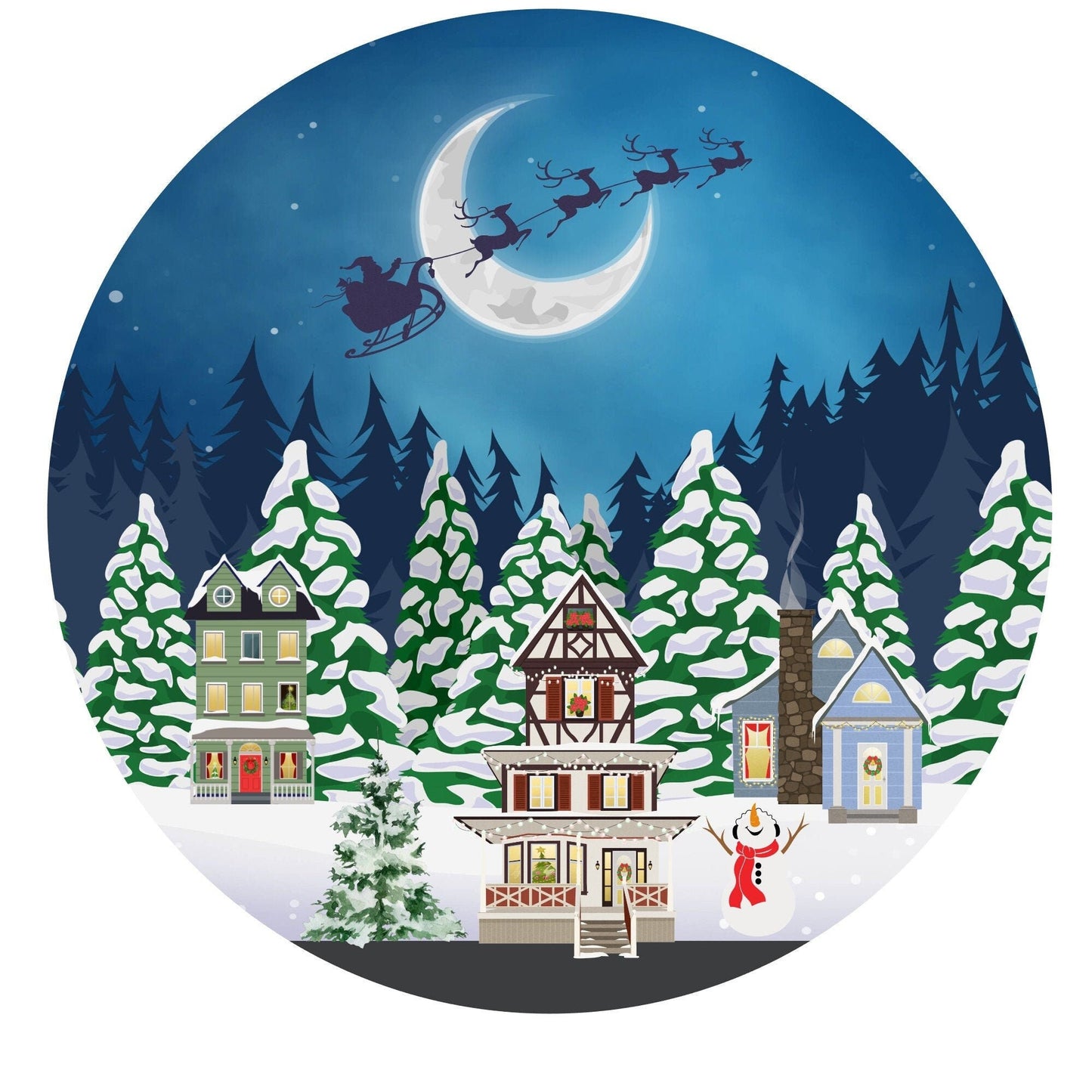 Round holiday wreath sign, winter village with Santa sign, wreath attachment, metal sign