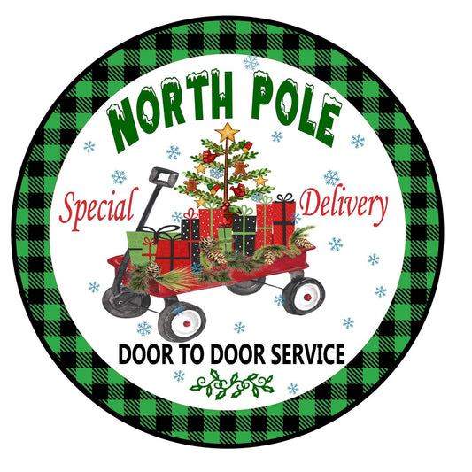 North Pole wreath sign, wreath attachment, metal sign, Christmas wreath sign, round wreath sign