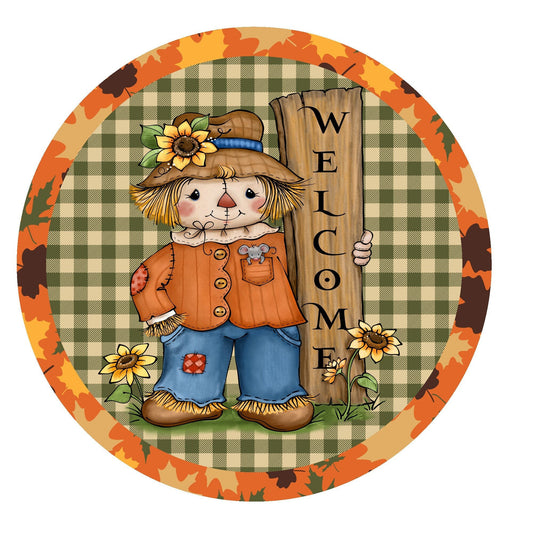 Fall welcome wreath sign, scarecrow wreath sign, metal wreath sign, door hanging