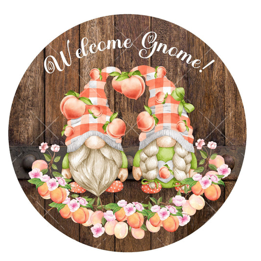 Gnome welcome wreath sign, wreath attachment, peach welcome sign, metal wreath sign