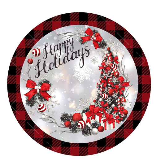 Happy holidays wreath sign, metal wreath sign, buffalo plaid christmas wreath sign