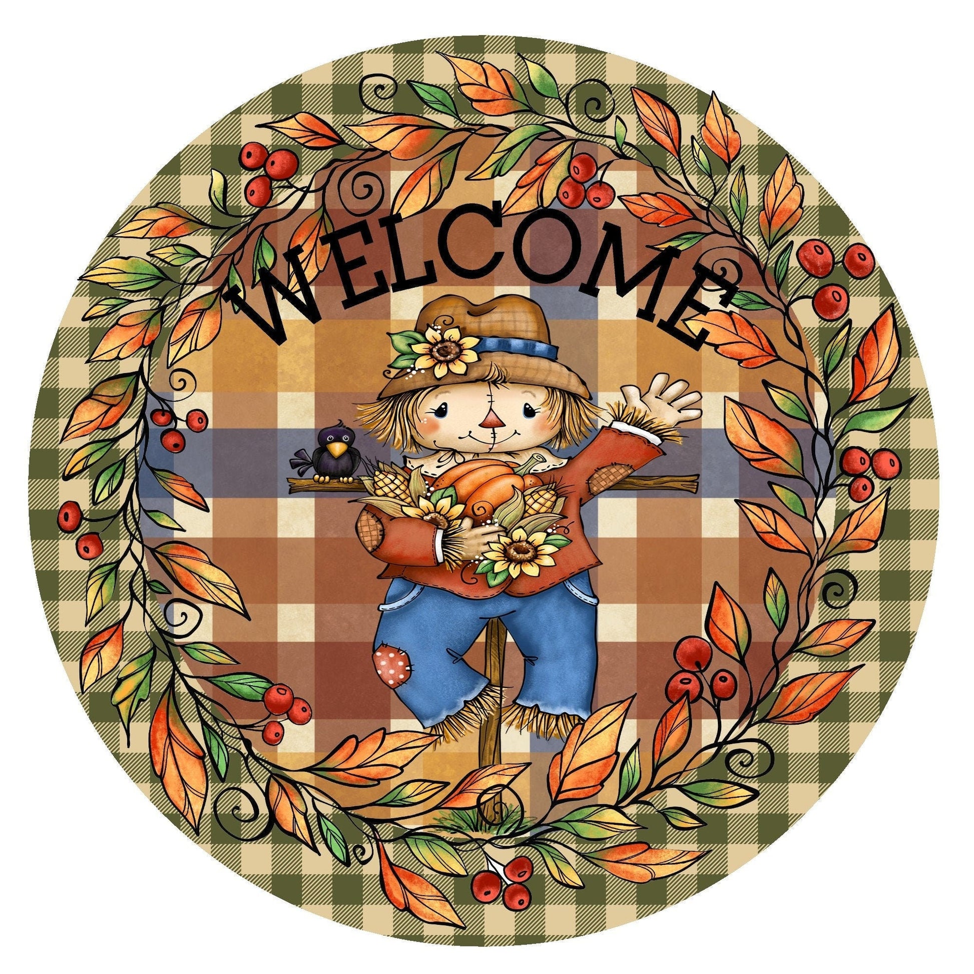 Scarecrow welcome wreath sign, wreath attachment, metal wreath sign, fall wreath sign