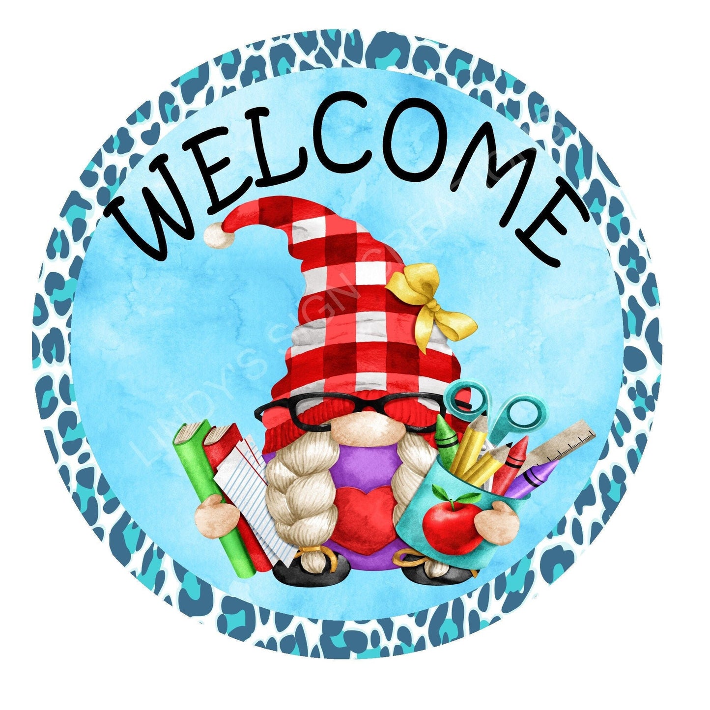 Gnome boy or girl teacher welcome wreath sign, metal wreath sign, round wreath sign, door hanging