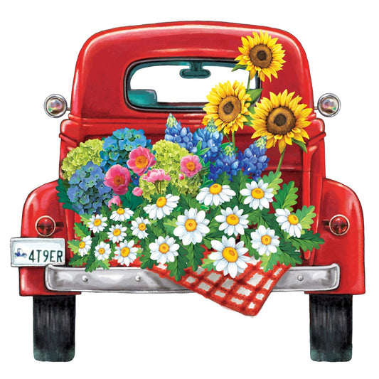 Red truck with sunflower sign, wreath sign, metal sign, wreath attachment, sign for wreaths