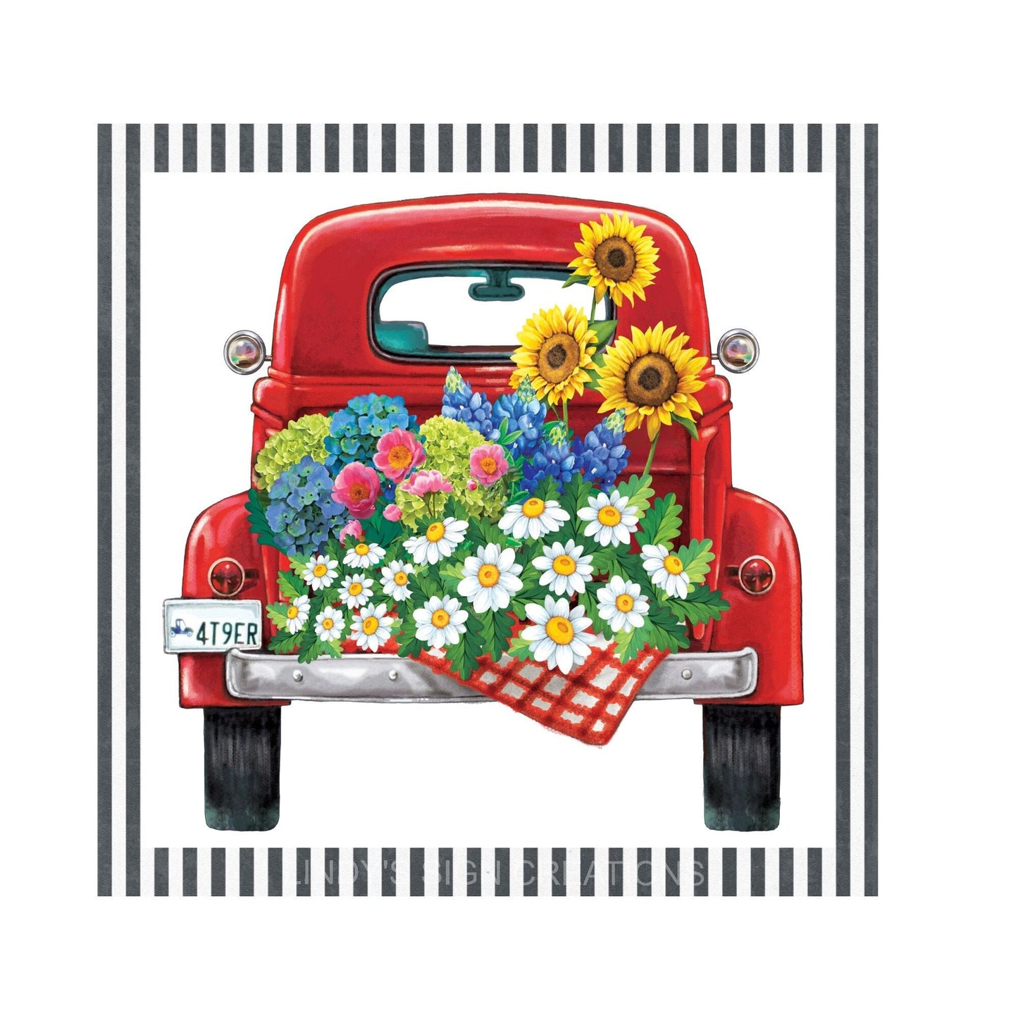 Red truck with sunflower sign, wreath sign, metal sign, wreath attachment, sign for wreaths