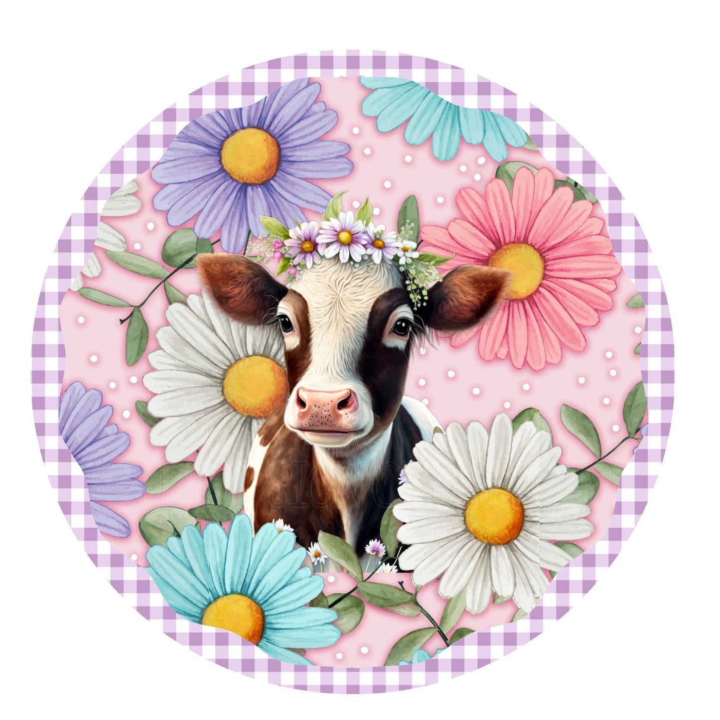 Cow with daises wreath sign, metal wreath sign, sign for wreath, round wreath sign, door decor, lindys sign creations