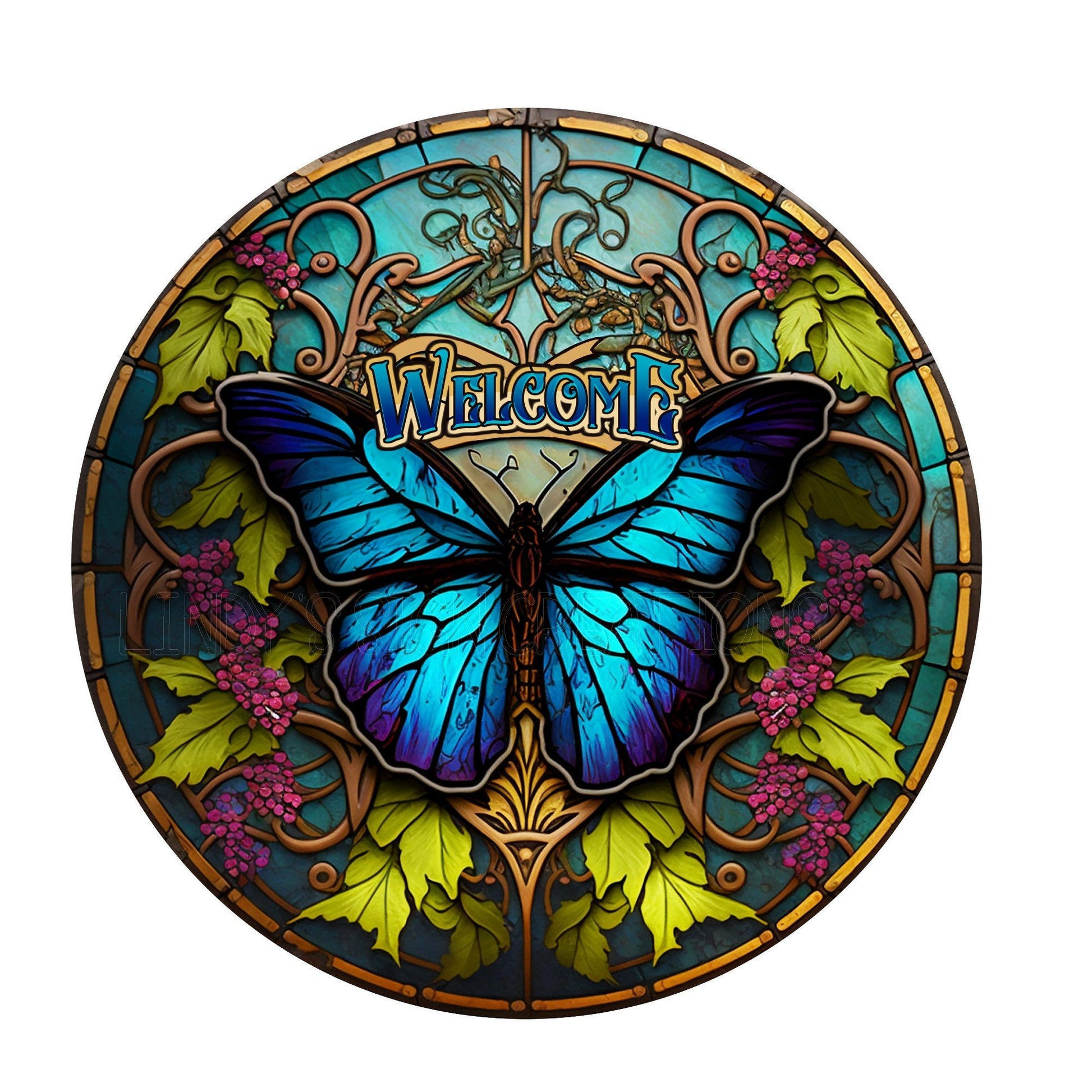 Faux stained glass welcome butterfly wreath sign, signs for wreaths, metal wreath sign, door decor, lindys sign creations