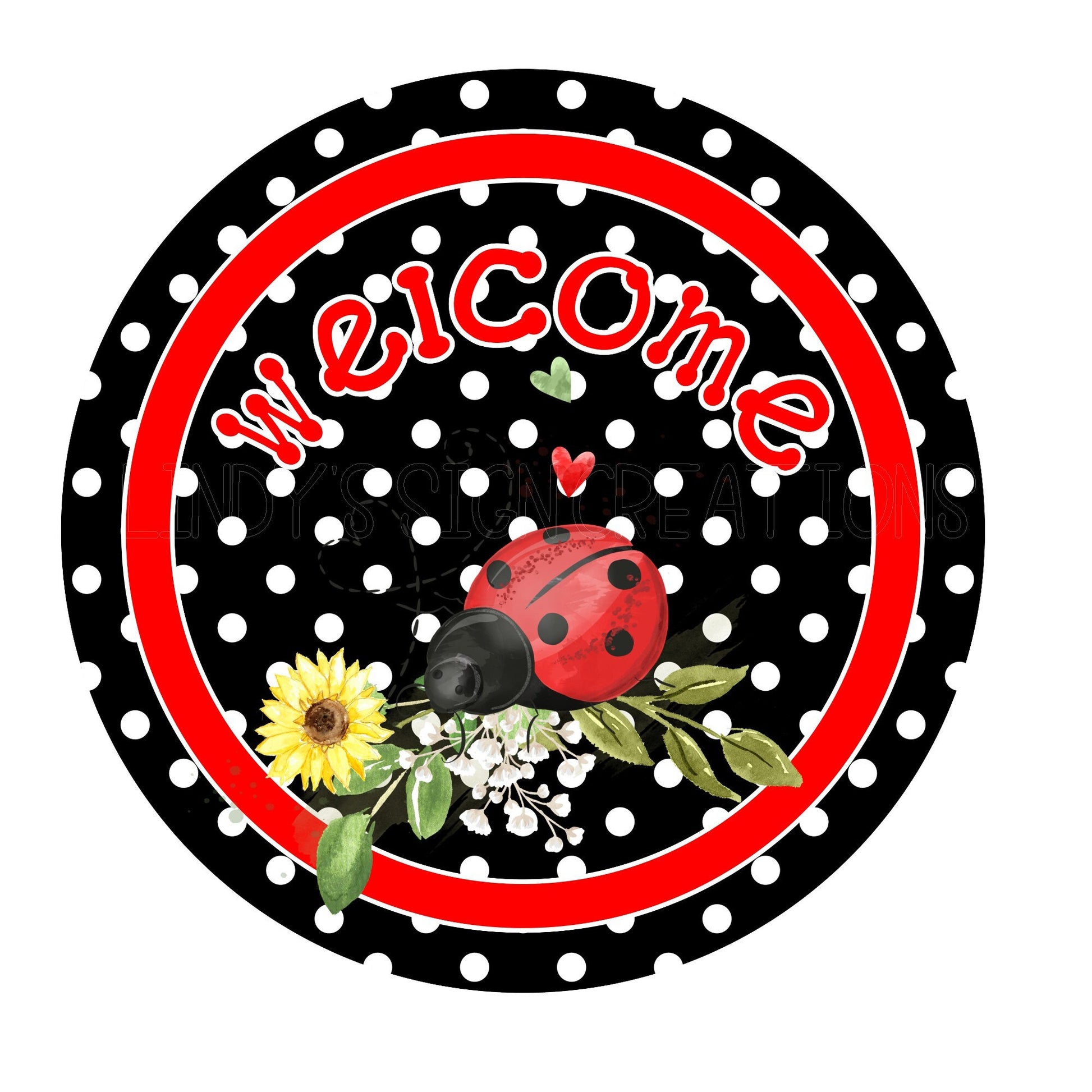 Welcome ladybug wreath sign, metal wreath sign, signs for wreaths, round wreath sign, door decor, lindys sign creations