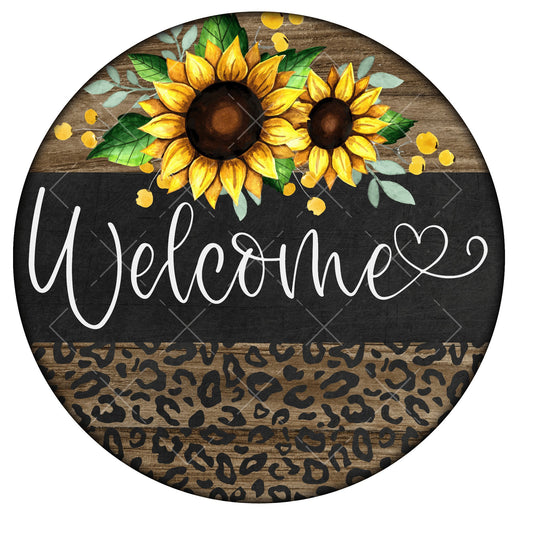 Welcome sunflower leopard wreath sign, metal wreath sign, signs for wreaths, round wreath sign, door decor, lindys sign creations