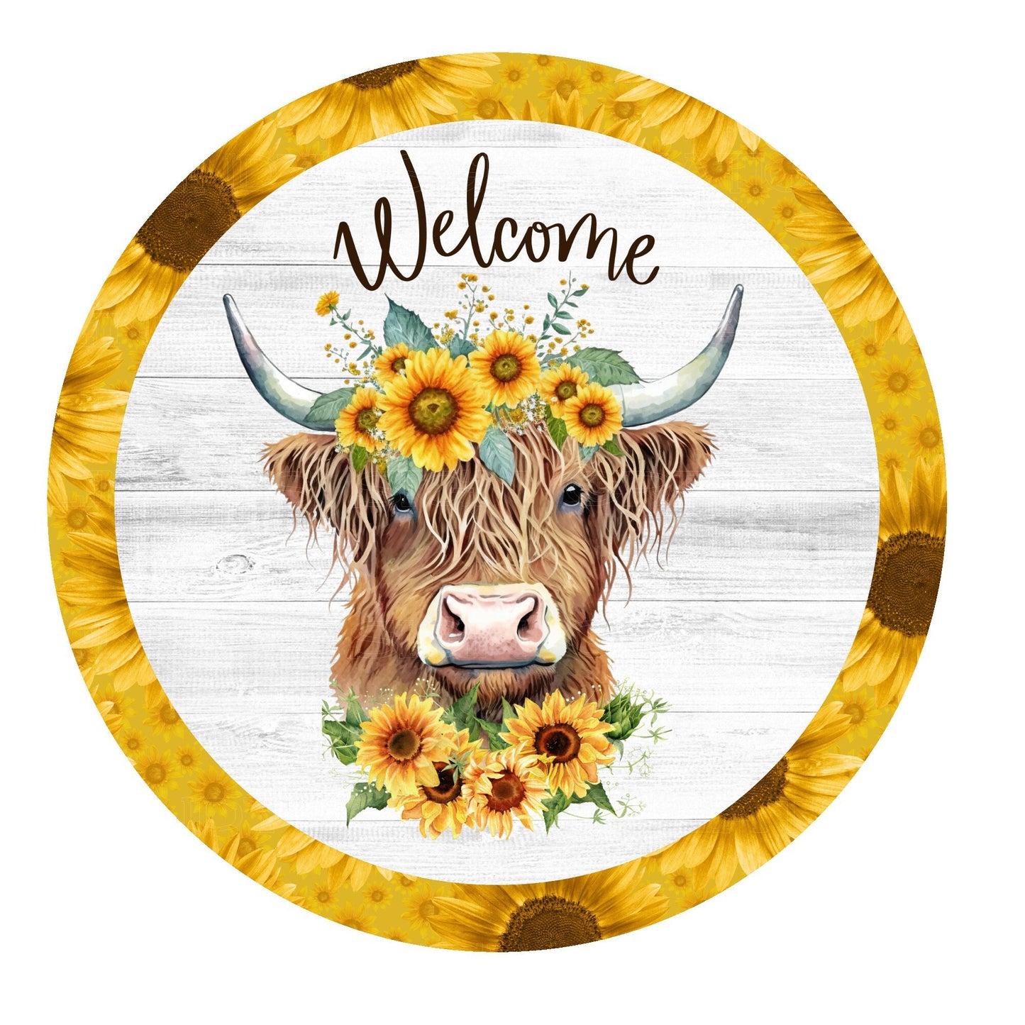 Highland cow with sunflowers welcome wreath sign, metal wreath sign, signs for wreaths, round wreath sign, lindys sign creations