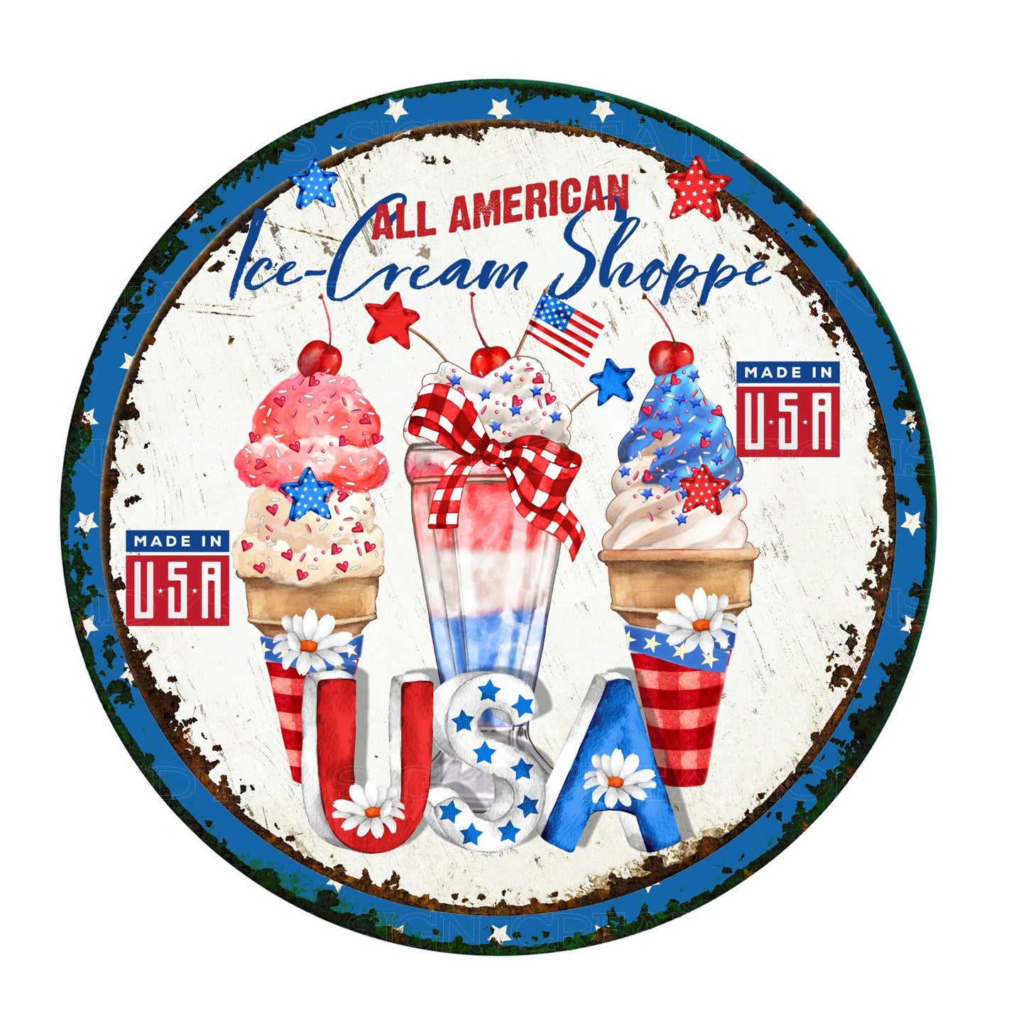 Red white and blue ice cream shoppe wreath sign, metal wreath sign, round wreath sign, patriotic wreath sign, lindys sign creations