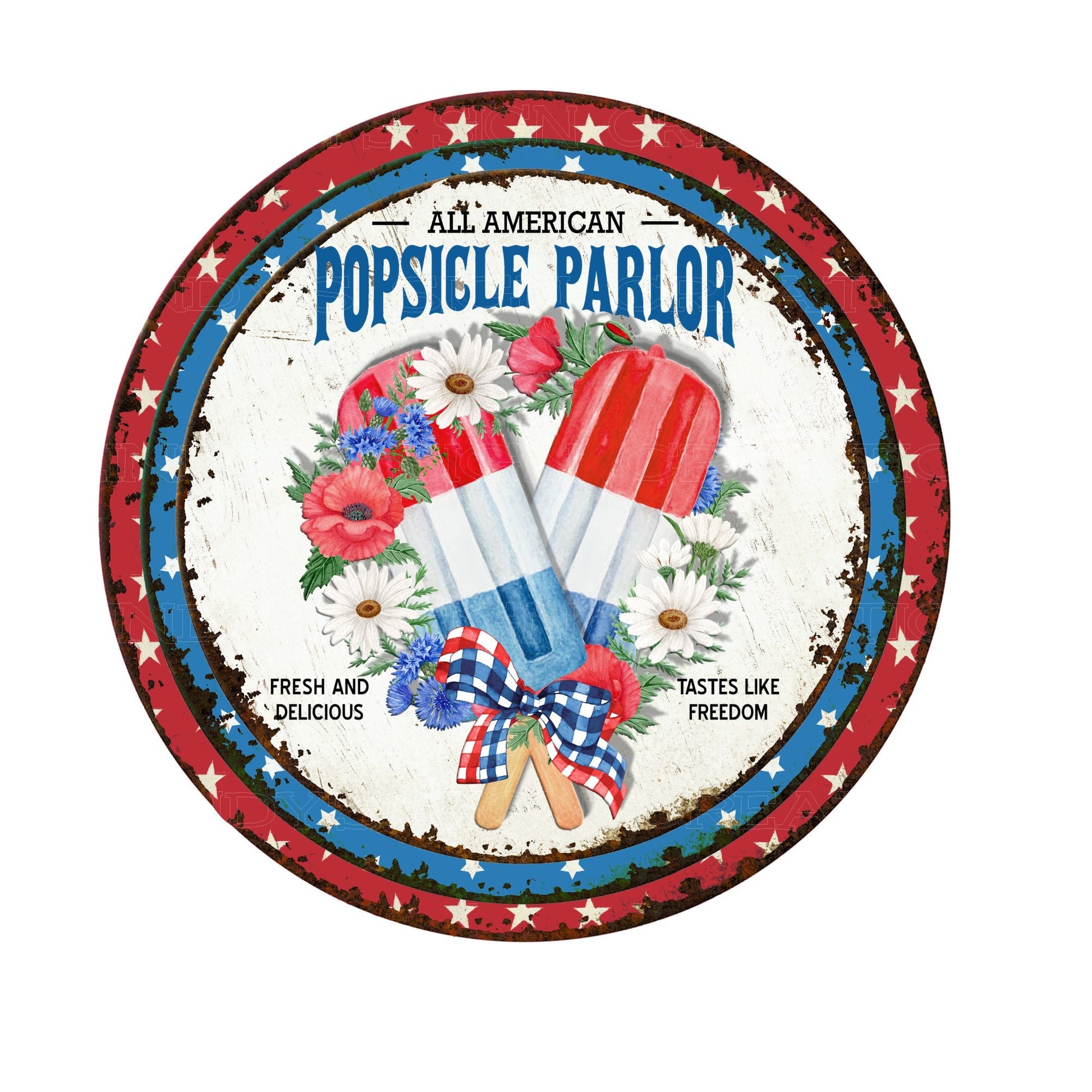 All American popsicle parlor wreath sign, patriotic wreath signs, metal wreath sign, round wreath sign, lindys sign creations