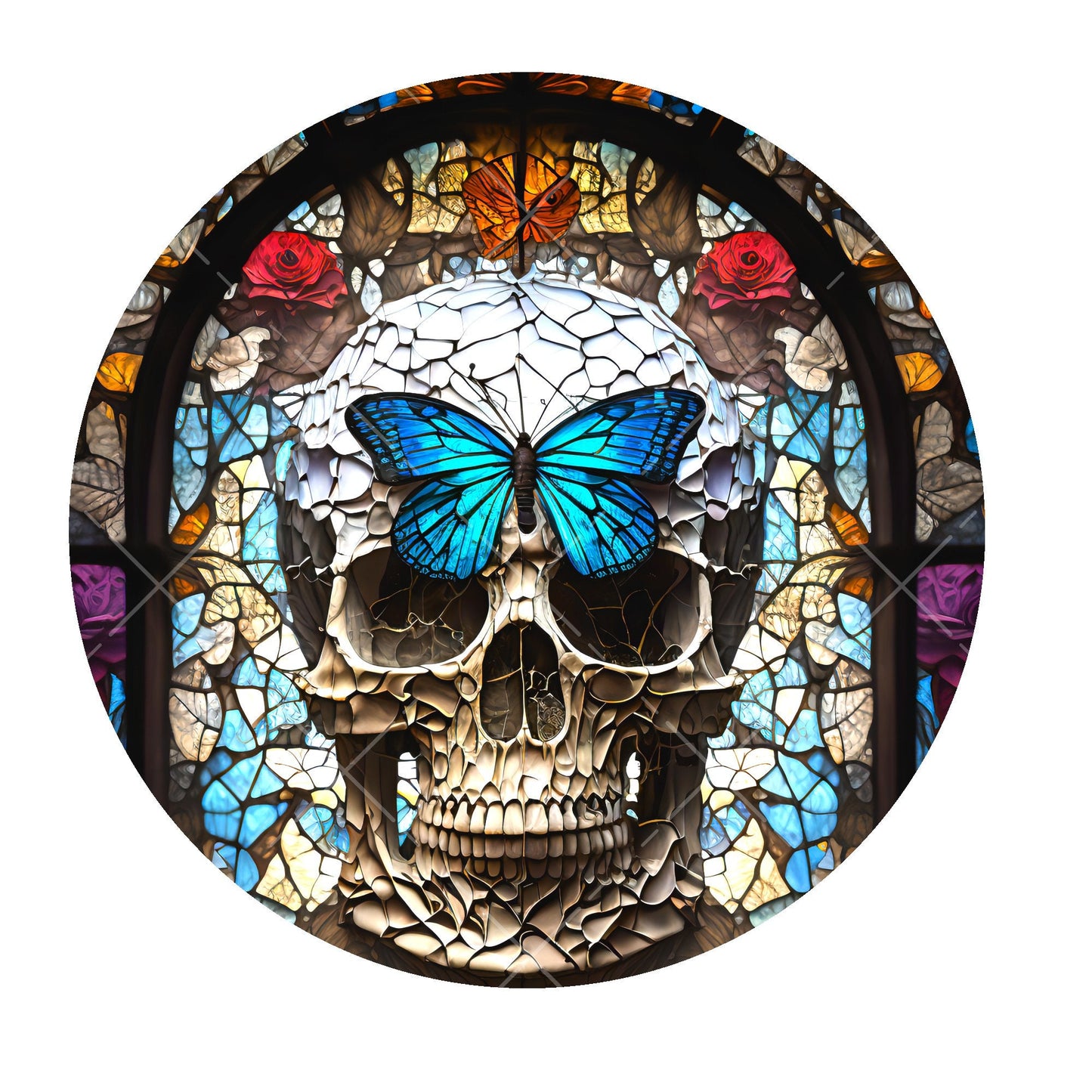 Faux stained glass skull with butterflies wreath sign, metal wreath sign, signs for wreaths, round wreath sign, lindys sign creations