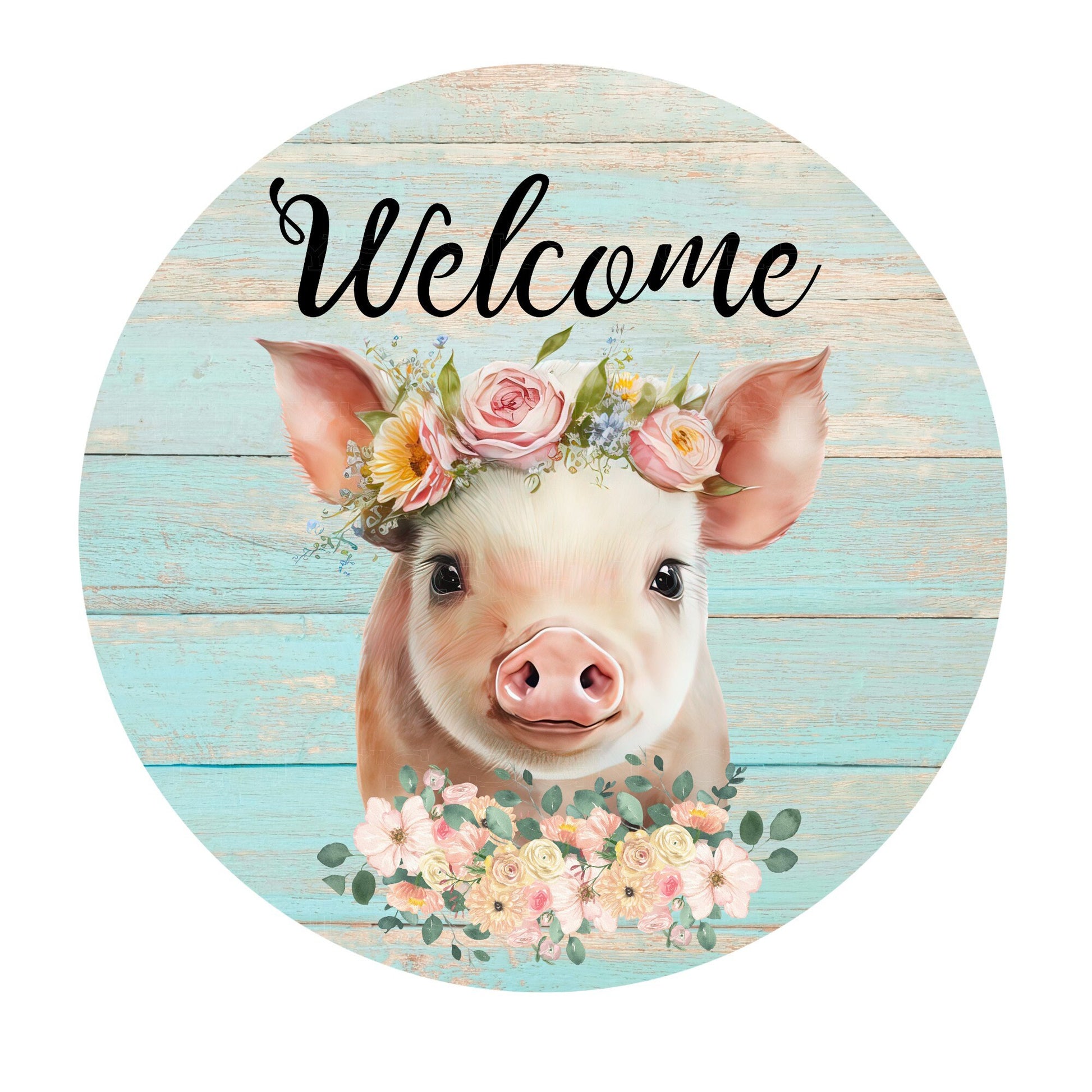 Welcome pig wreath sign, metal wreath sign, signs for wreaths, round wreath sign, lindys sign creations