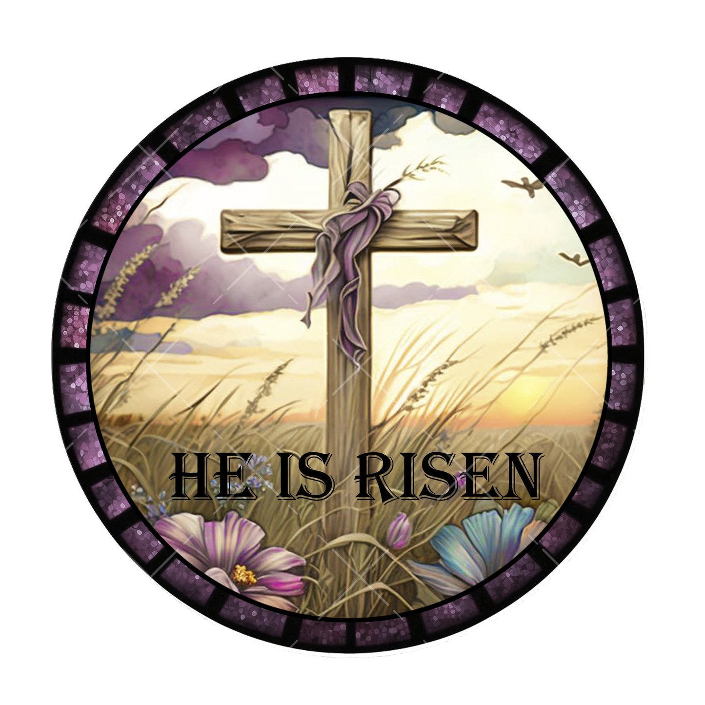 Faux stained glass Easter He is Risen wreath sign, metal wreath sign, signs for wreaths, lindys sign creations