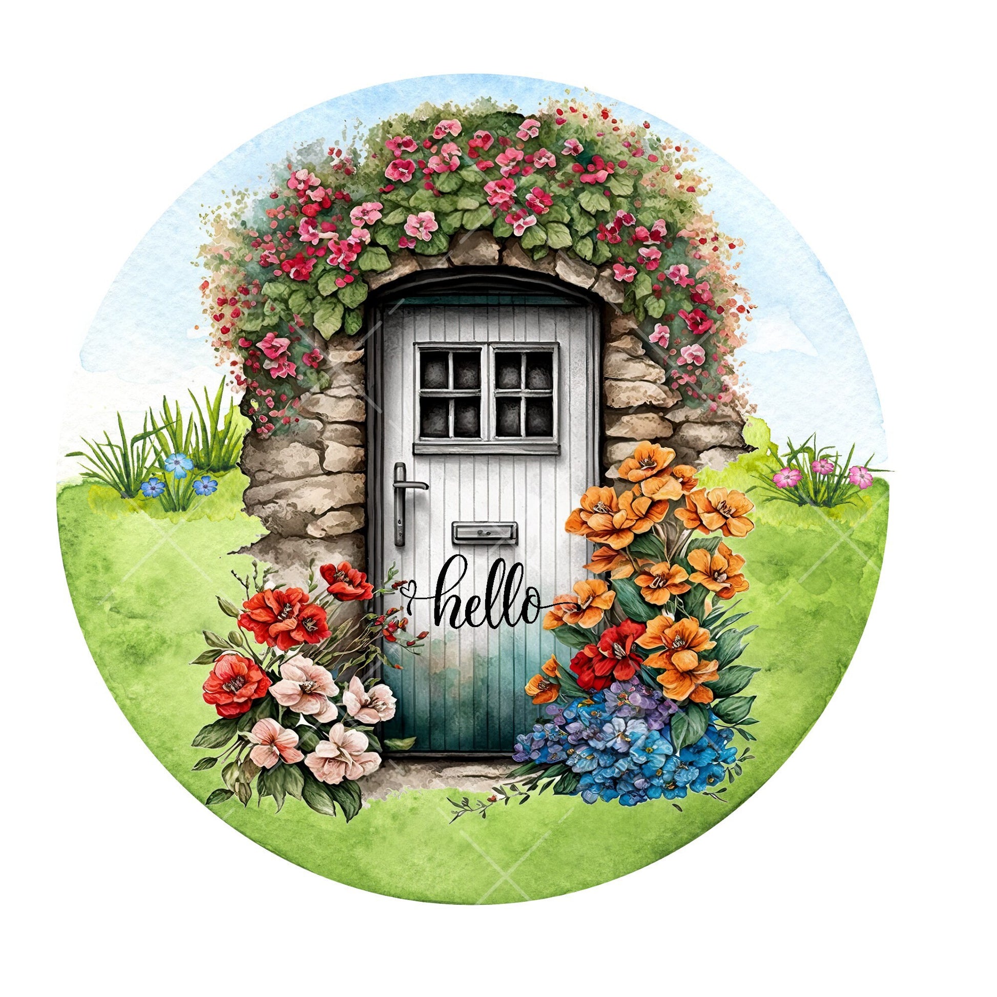 Hello floral cottage door wreath sign, metal wreath sign, signs for wreaths, round wreath sign, lindys sign creations