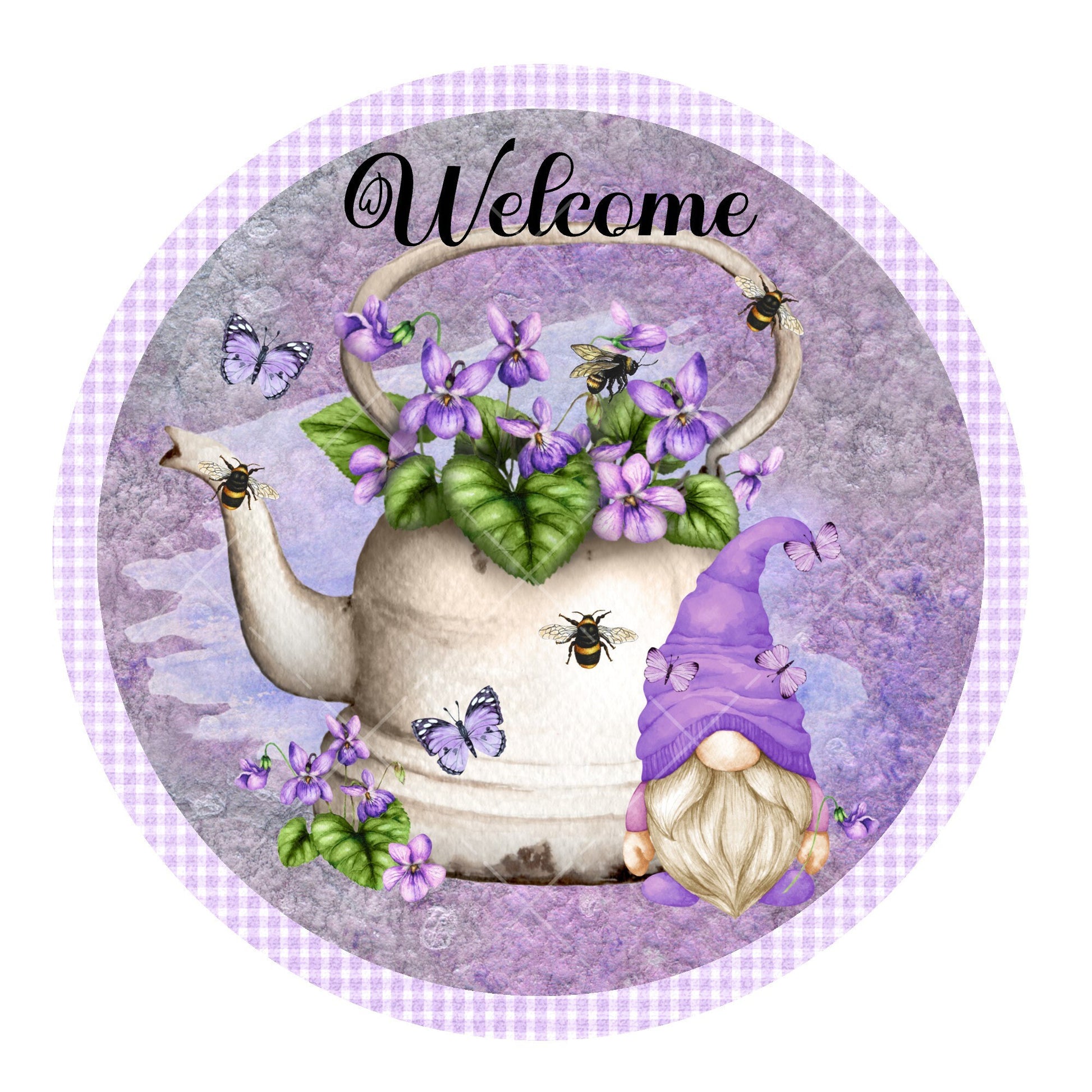 Welcome violets and gnome wreath sign, metal wreath sign, signs for wreaths, round wreath sign, lindys sign creations