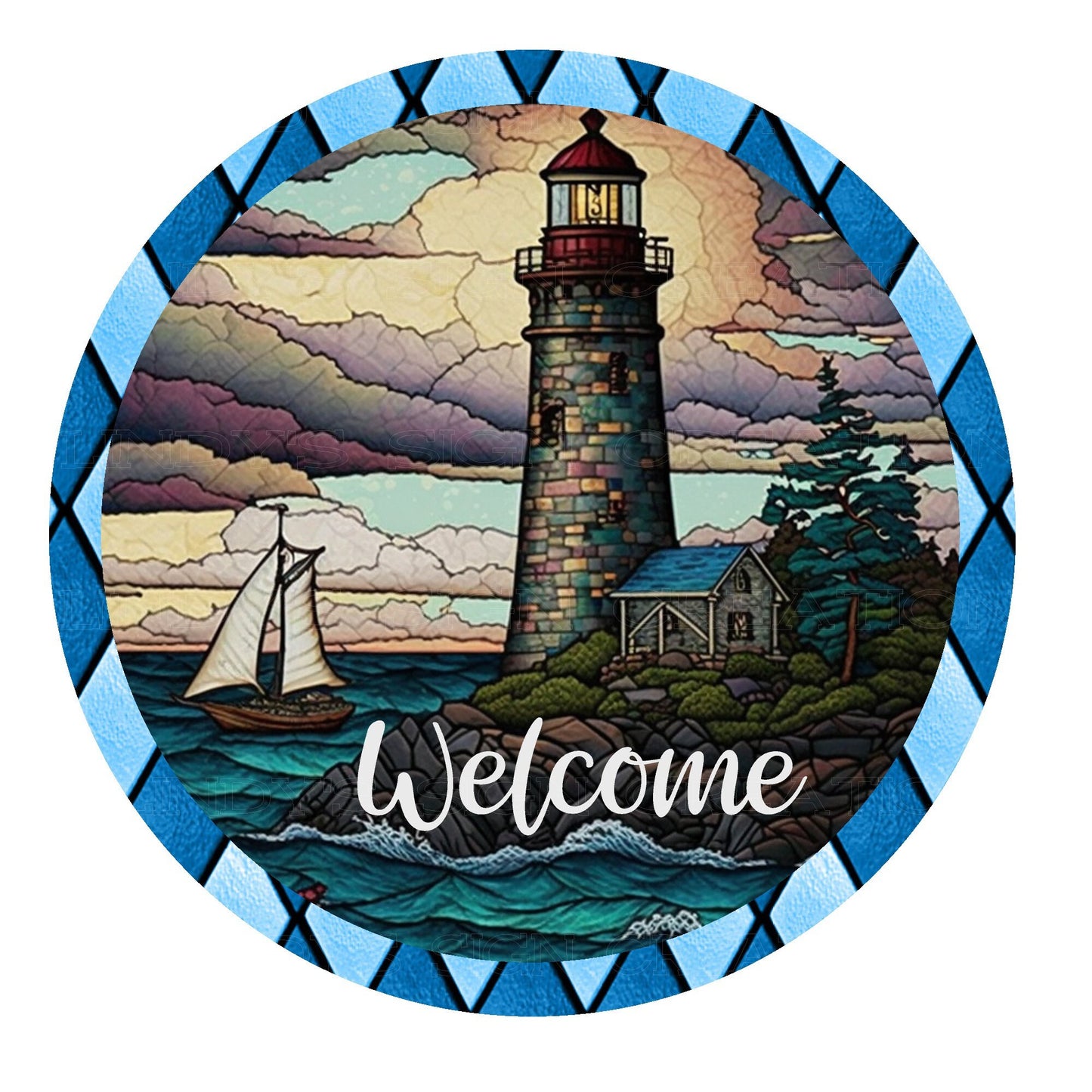 Faux stained glass welcome lighthouse wreath sign, metal wreath sign, signs for wreaths, round wreath sign, lindys sign creations