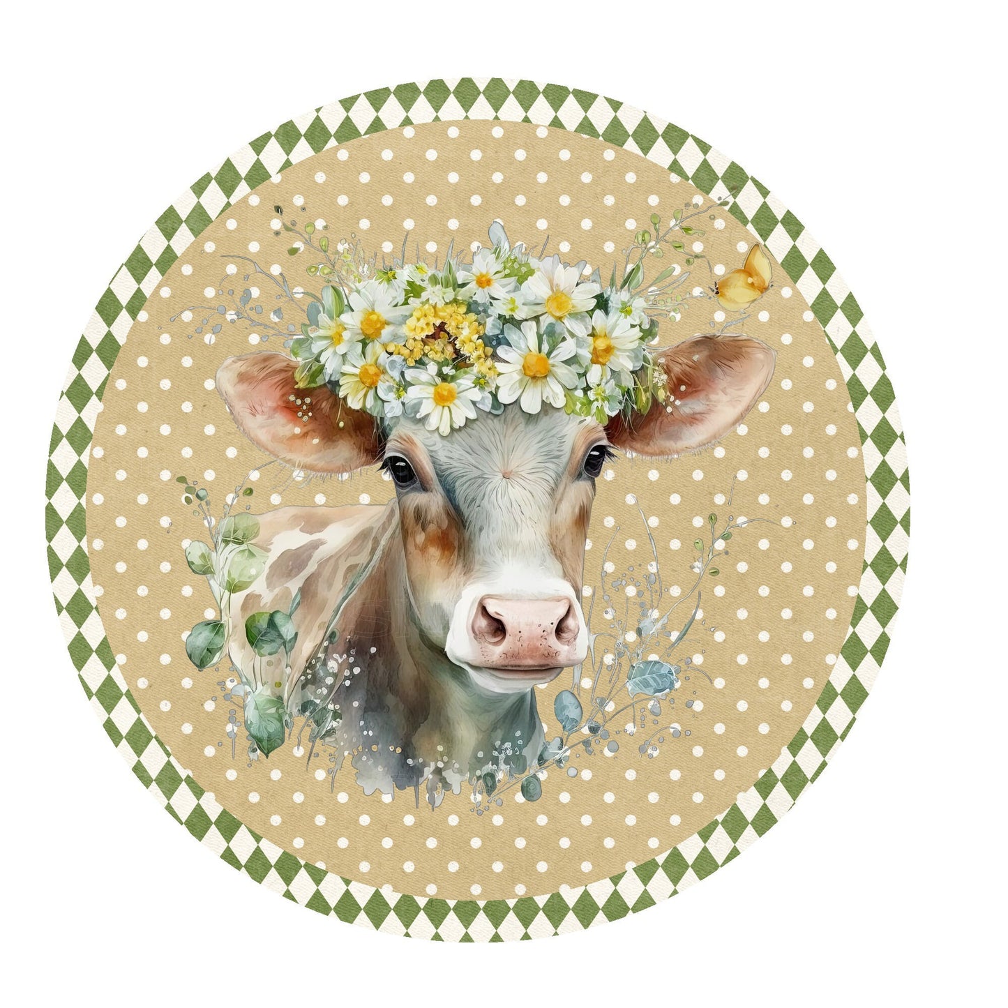 Cute cow with daisy wreath sign, metal wreath sign, signs for wreaths, round wreath sign, door decor, lindys sign creations