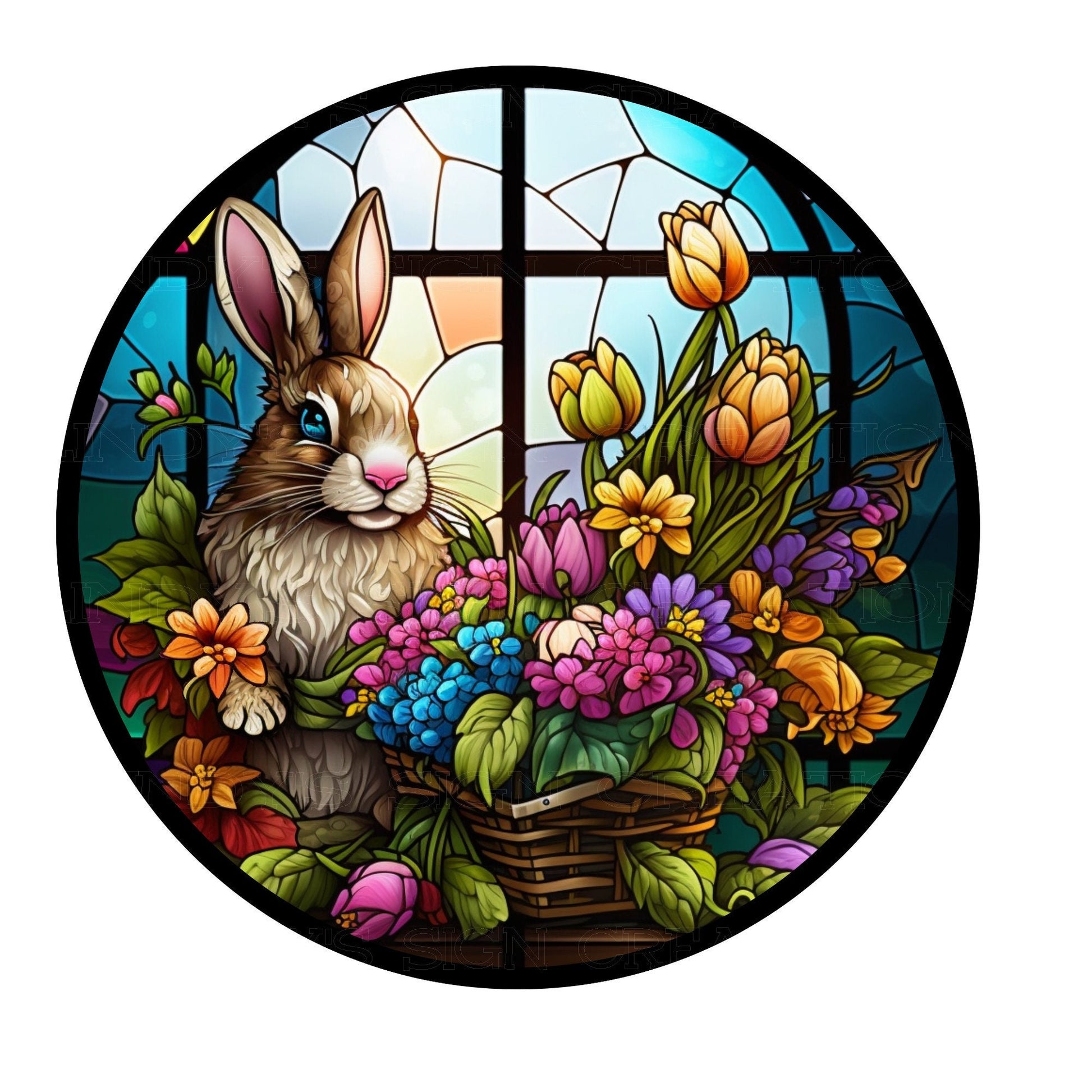 Faux stained glass bunny with flower basket wreath sign, metal wreath sign, Easter wreath sign, round wreath sign, lindys sign creations