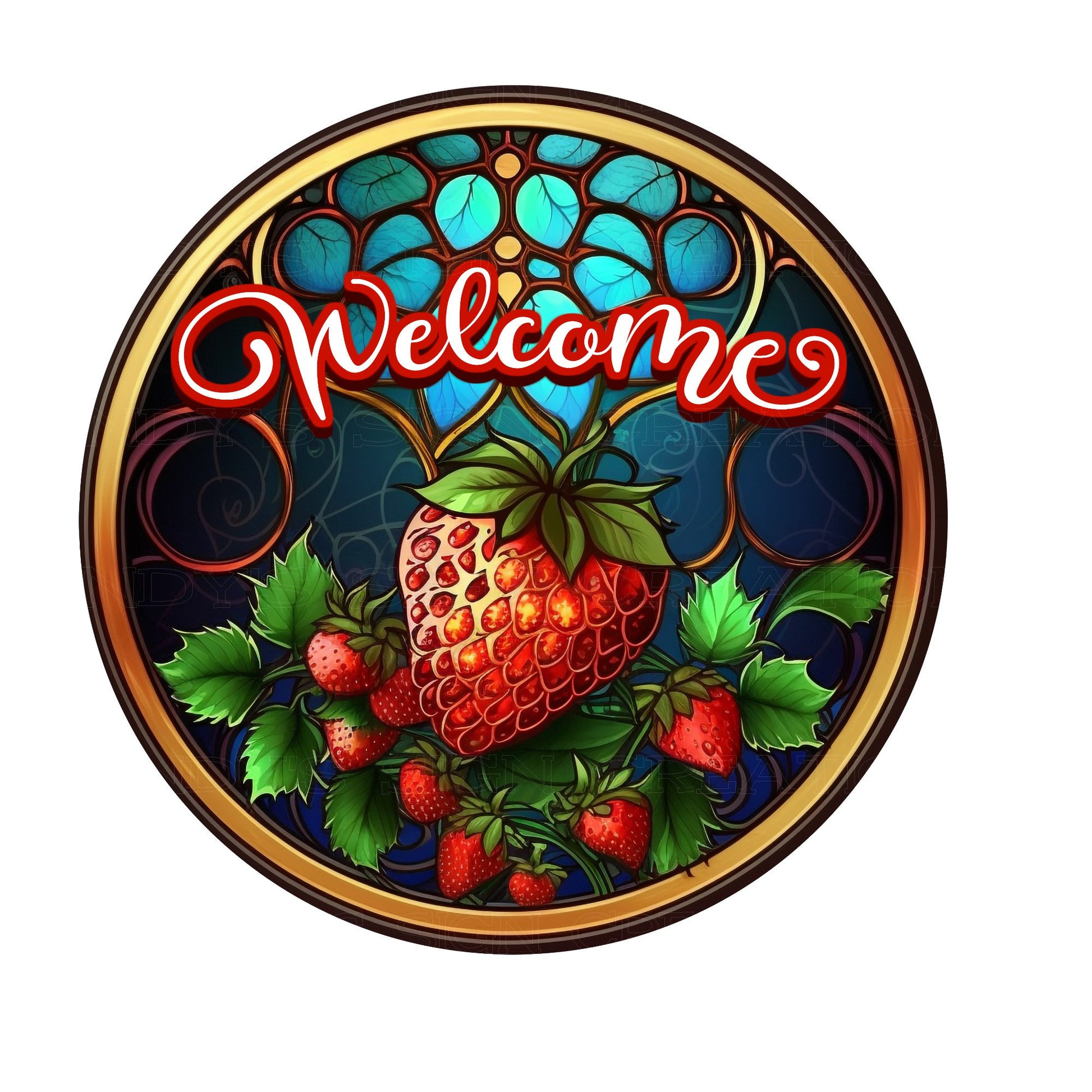 Faux stained glass strawberry welcome wreath sign, metal wreath sign, round wreath sign, lindys sign creations