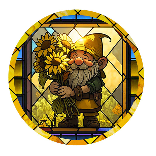 Faux stained glass gnome with sunflowers wreath sign, round wreath sign, metal wreath sign, lindys sign creations