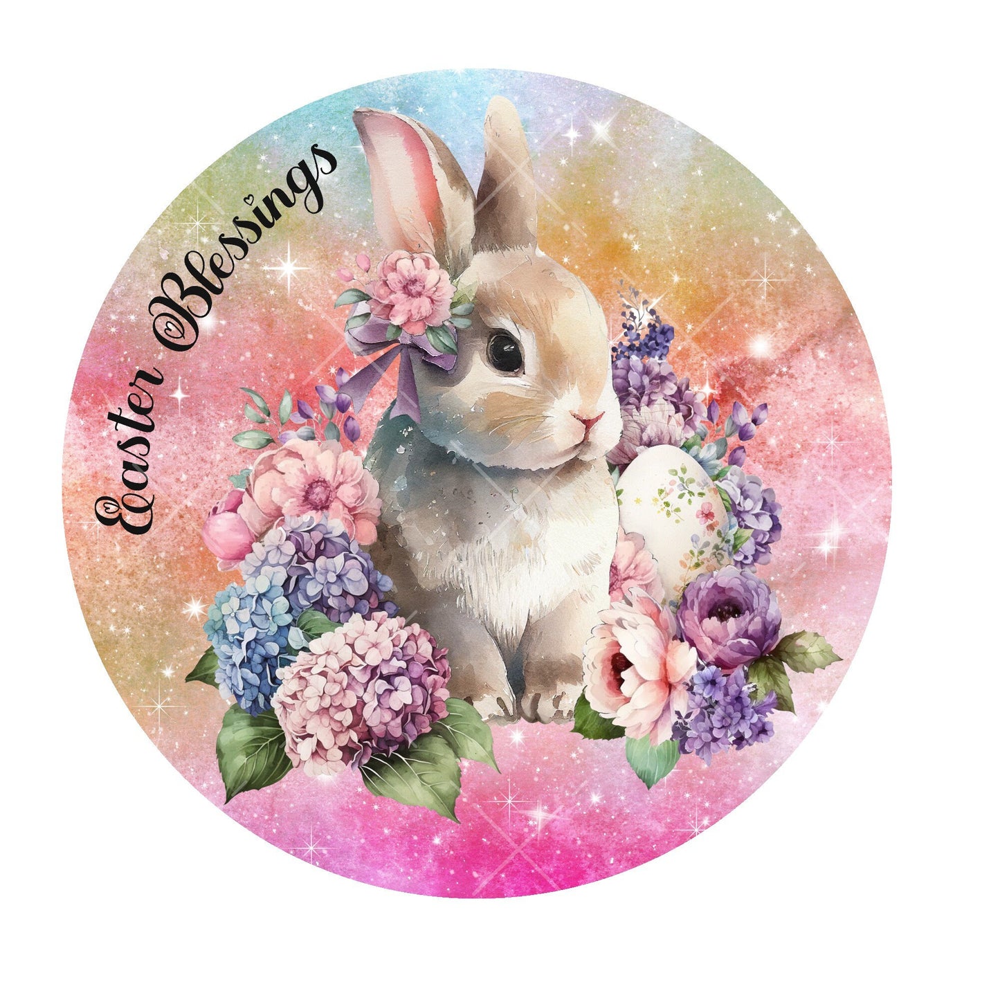 Easter blessings bunny with hydrangea wreath sign, metal wreath sign, signs for wreaths, round wreath sign, lindys sign creations