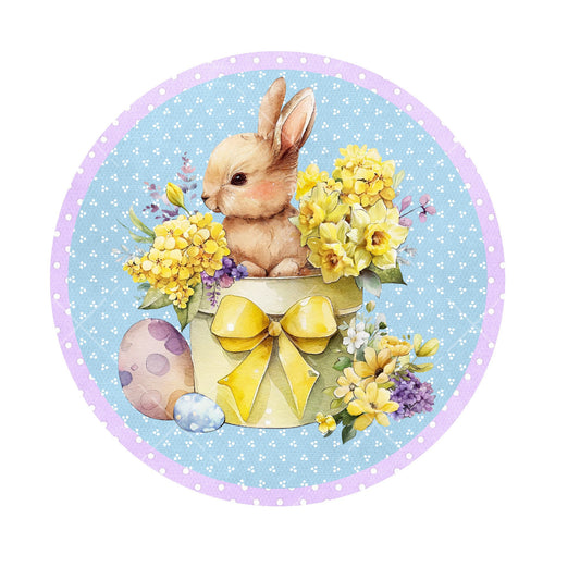 Bunny in flower pot Easter wreath sign, metal wreath sign, signs for wreaths, round wreath sign, lindys sign creations