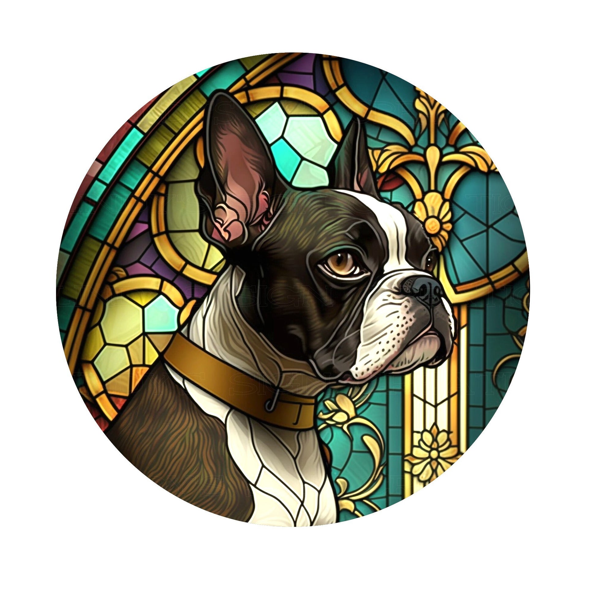 Faux stained glass round Boston terrier wreath sign, metal wreath sign, signs for wreaths, lindys sign creations