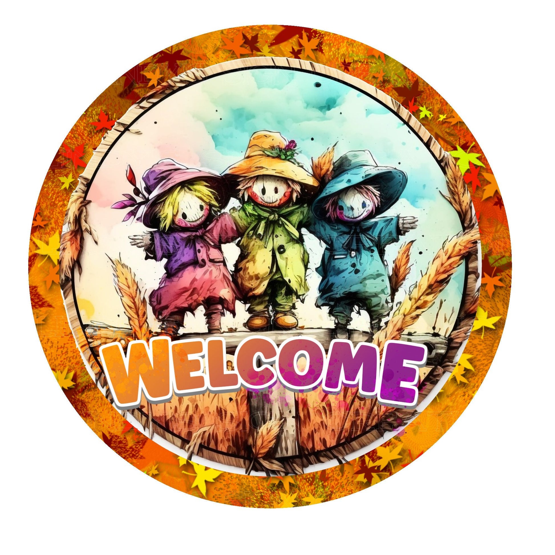 Welcome scarecrow wreath sign, metal wreath sign, signs for wreaths, round wreath sign, door decor, lindys sign creations