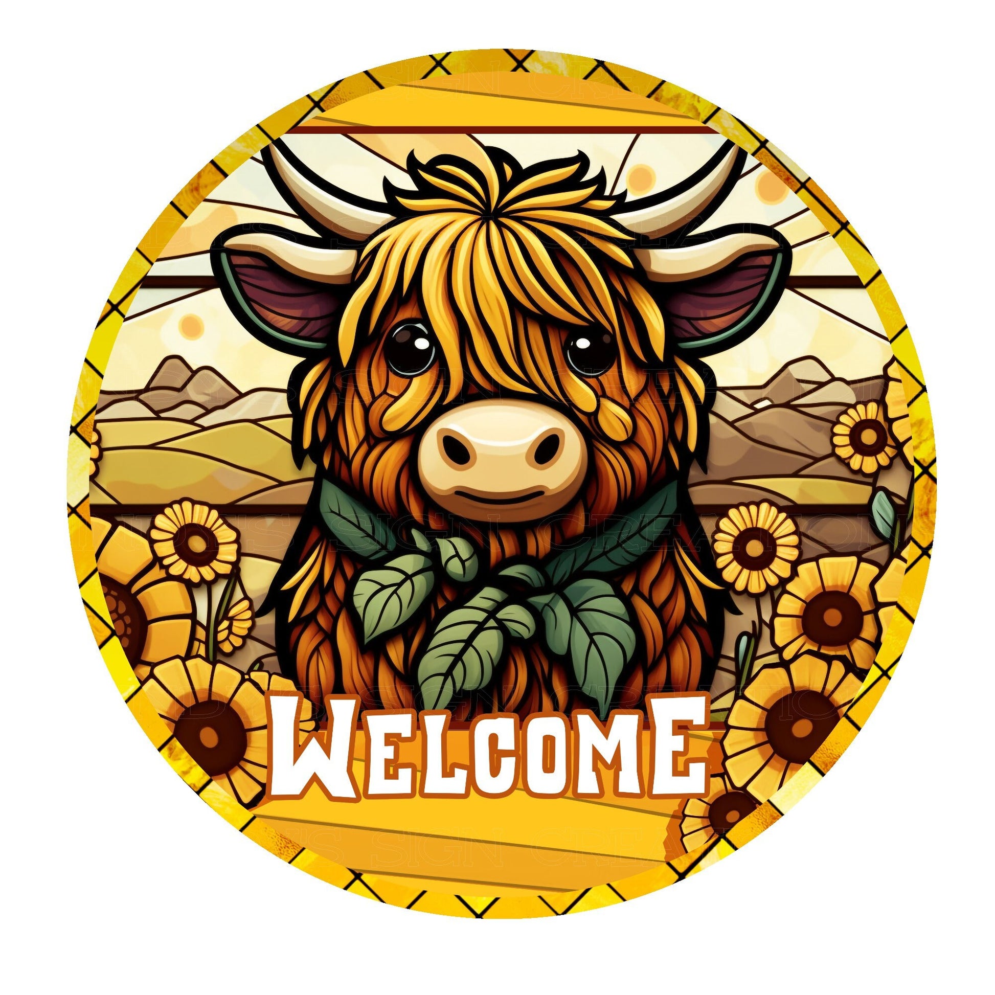 Faux stained glass highland cow welcome wreath sign, metal wreath sign, signs for wreaths, round wreath sign, lindys sign creations