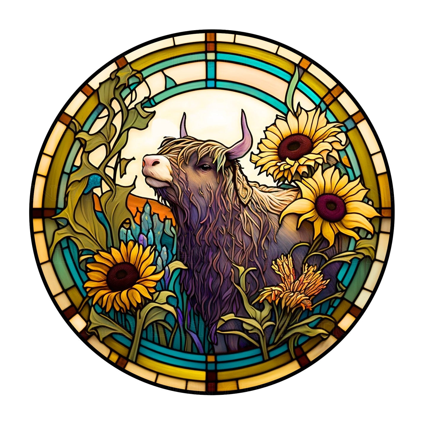 Faux stained glass highland cow & sunflowers wreath sign, metal wreath sign, round wreath sign, lindys sign creations