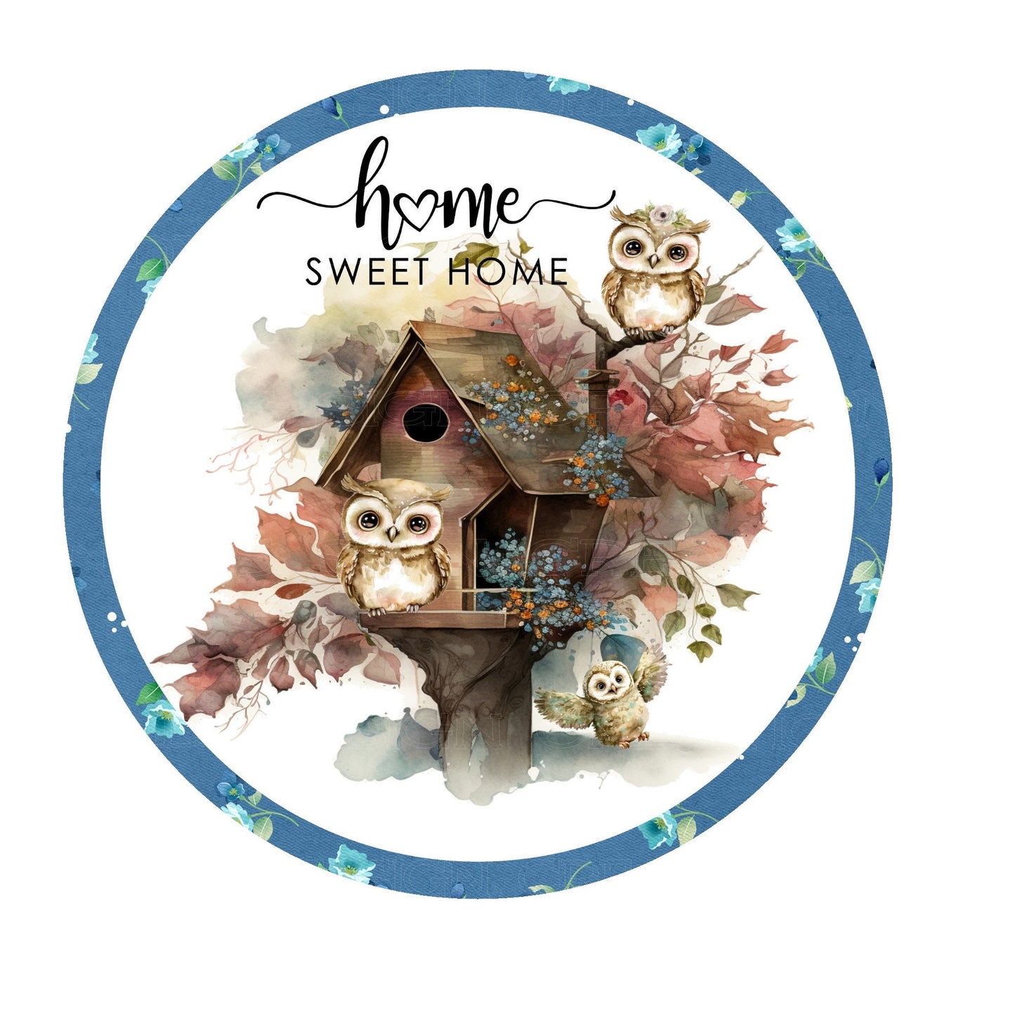 Home sweet home birdhouse with owls wreath sign, metal wreath sign, signs for wreaths, round wreath sign, lindys sign creations