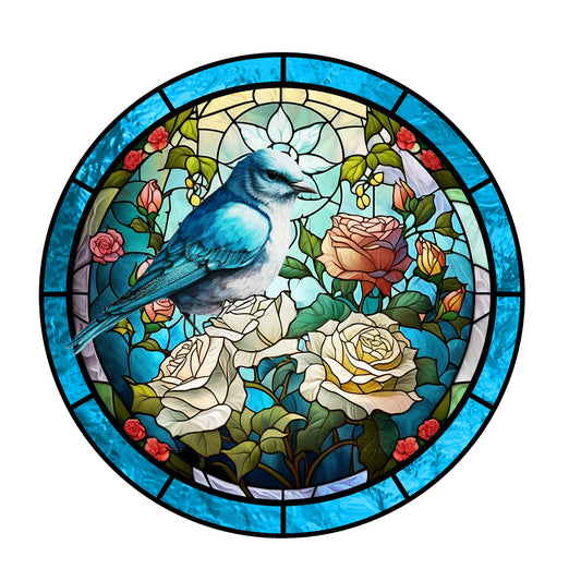 Faux stained glass blue bird and roses wreath sign, metal wreath sign, round wreath sign, lindys sign creations