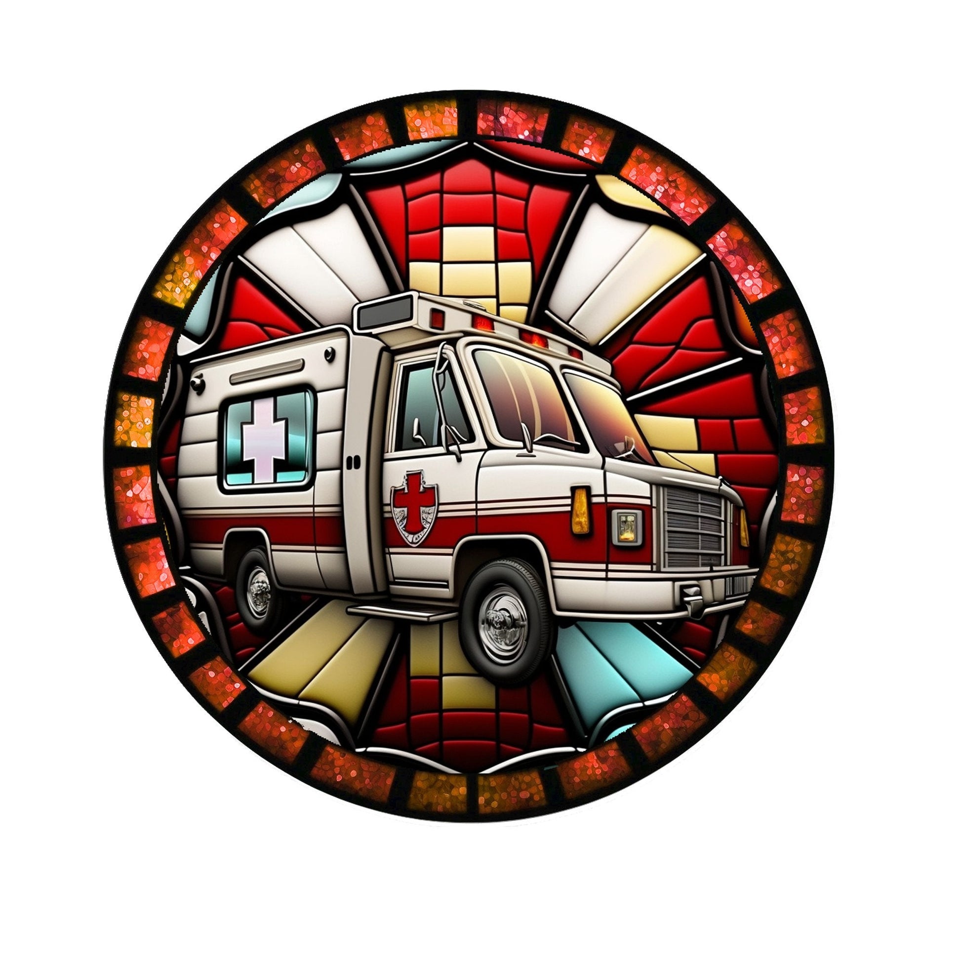 Faux stained glass ambulance/EMT wreath sign, metal wreath sign, signs for wreaths, round wreath sign, lindys sign creations