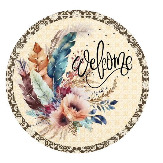 Boho welcome wreath sign, metal wreath sign, door decor, signs for wreaths, round wreath sign, lindys sign creations