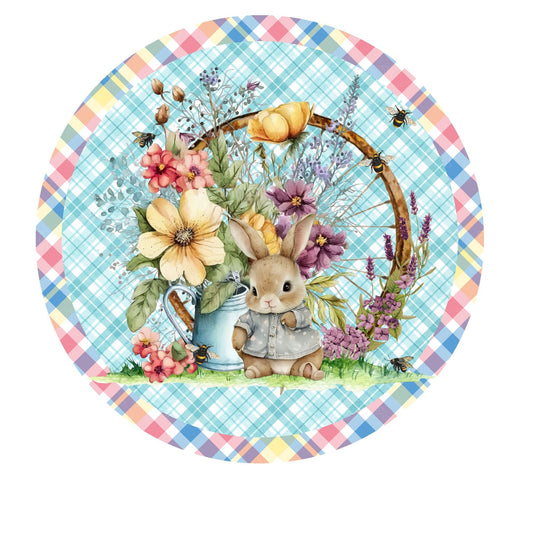 Bunny with wagon wheel wreath sign, metal wreath sign, signs for wreaths, round wreath sign, door decor, lindys sign creations