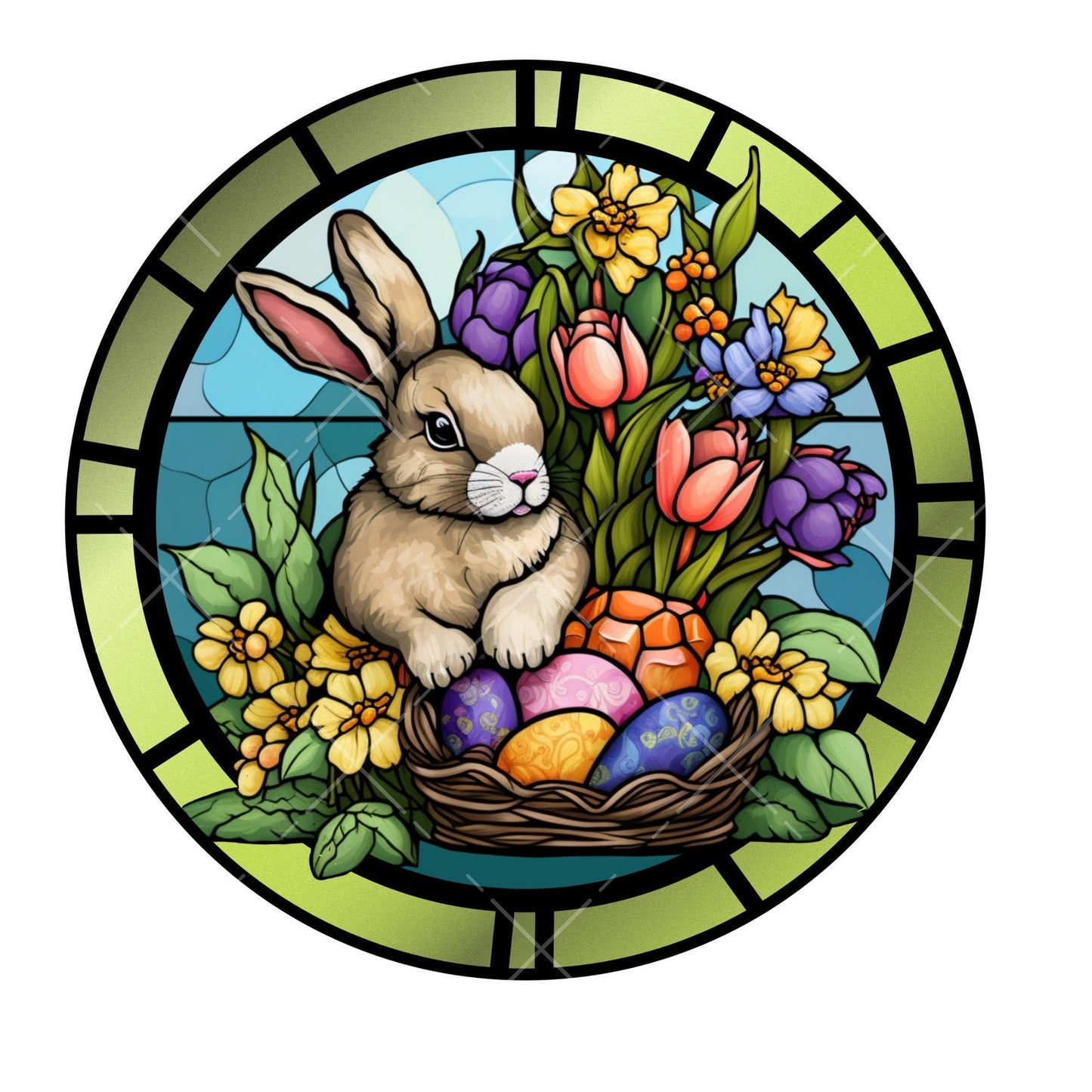 Faux stained glass bunny with easter eggs wreath sign, metal wreath sign, round wreath sign, lindys sign creations