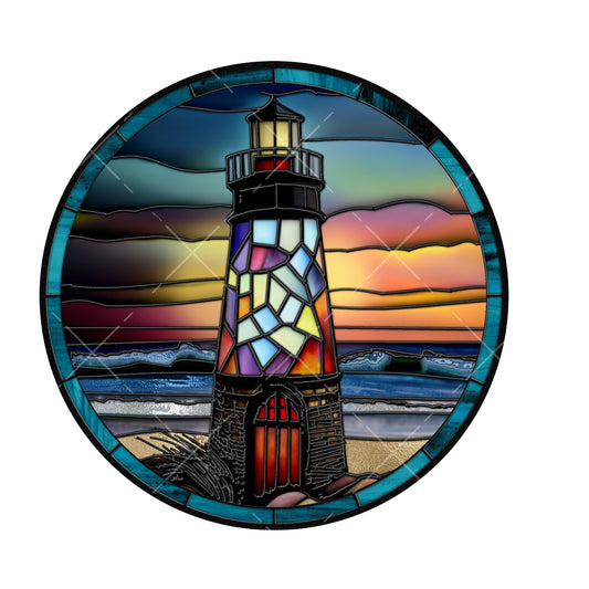 Faux stained glass lighthouse wreath sign, metal wreath sign, signs for wreaths, round wreath sign, lindys sign creations