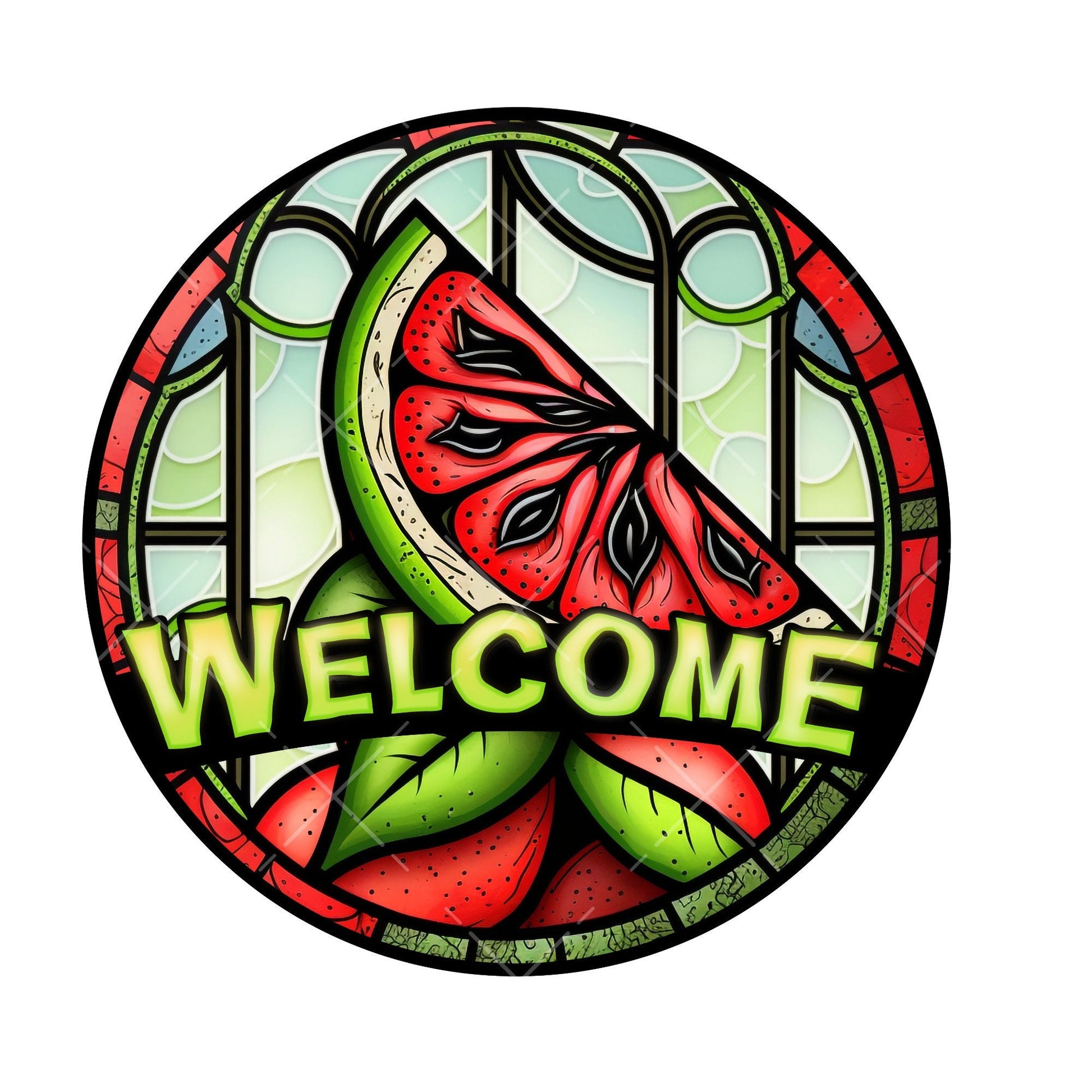 Faux stained glass welcome watermelon wreath sign, metal wreath sign, round wreath sign, lindys sign creations