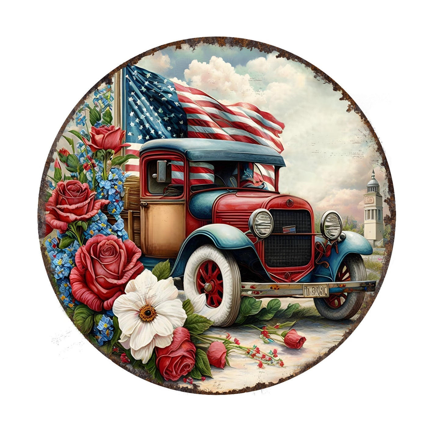 Vintage patriotic truck wreath sign, metal wreath sign, signs for wreaths, round wreath sign, lindys sign creations