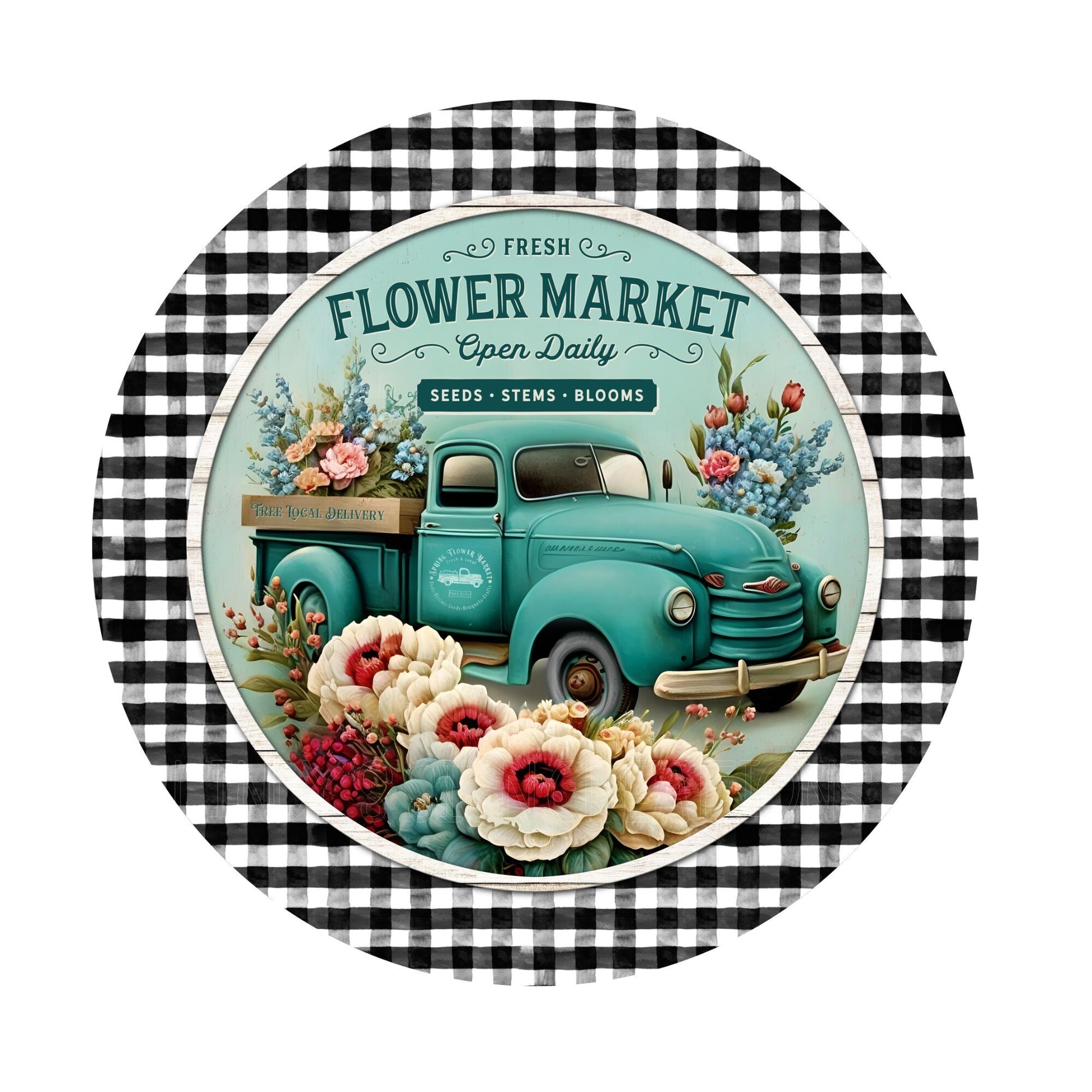 Flower market teal truck wreath sign, metal wreath sign, round wreath sign, door decor, lindys sign creations