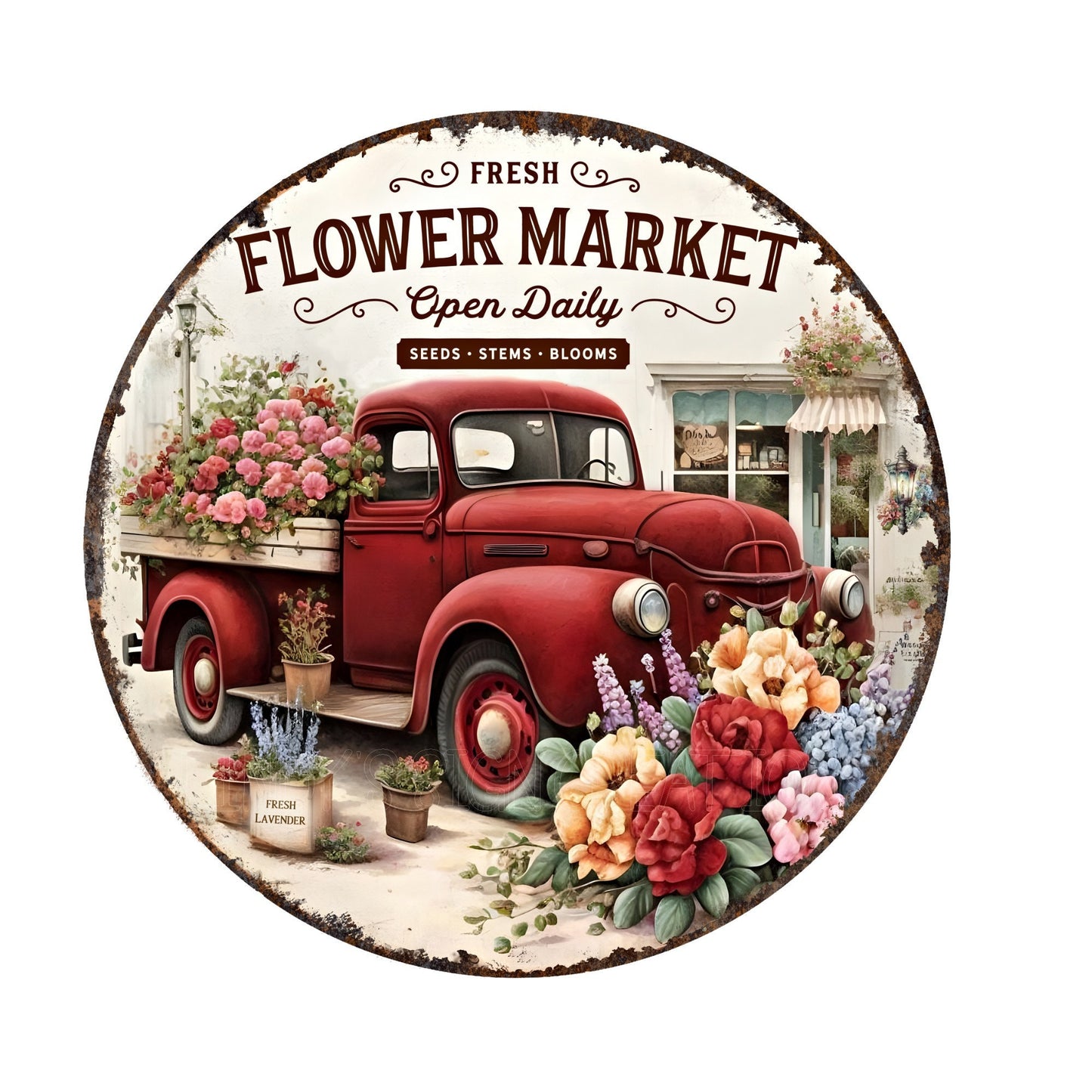 Flower market red truck wreath sign, metal wreath sign, round wreath sign, door decor, lindys sign creations