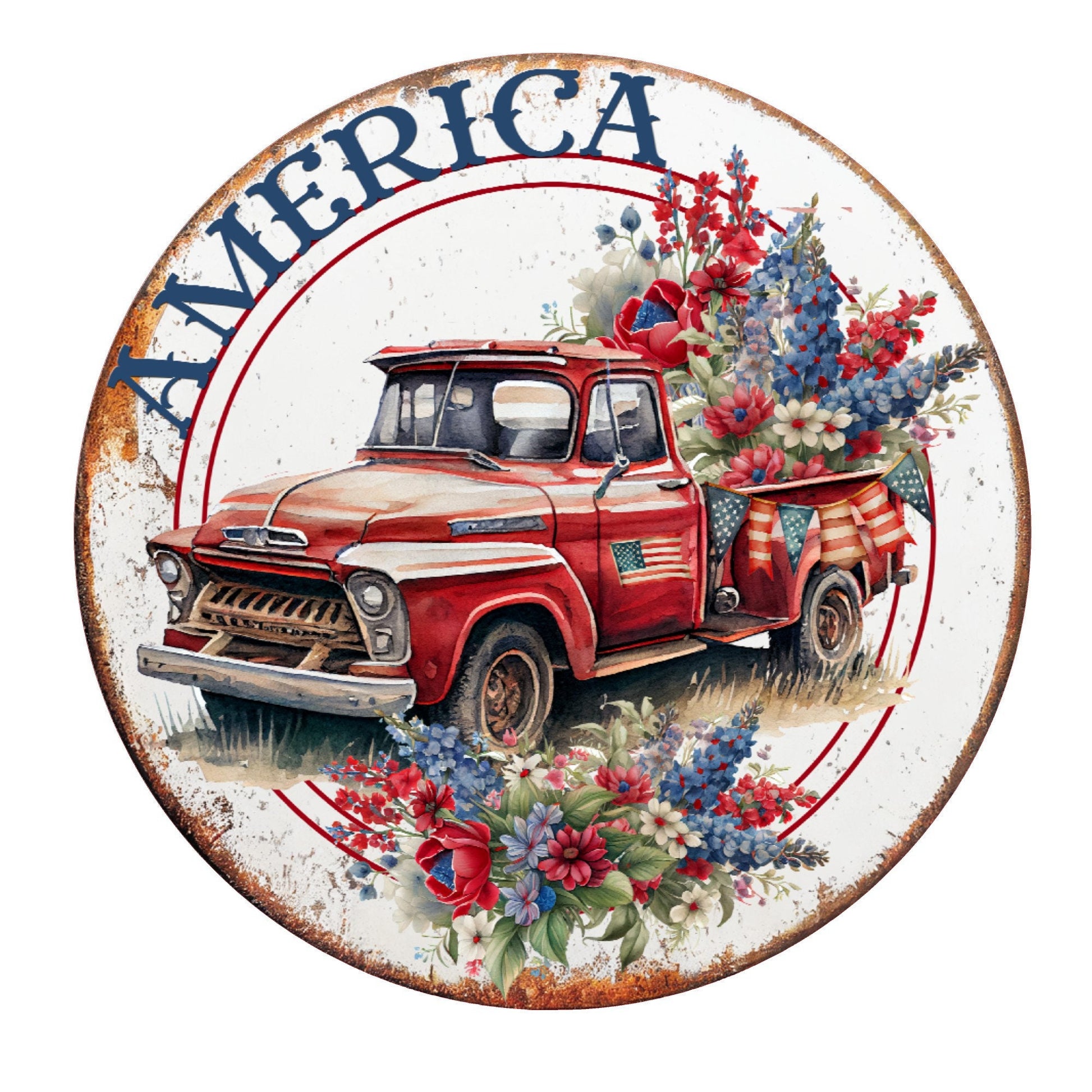 Patriotic America red truck with florals, metal wreath sign, round wreath sign, door decor, Lindys sign creations