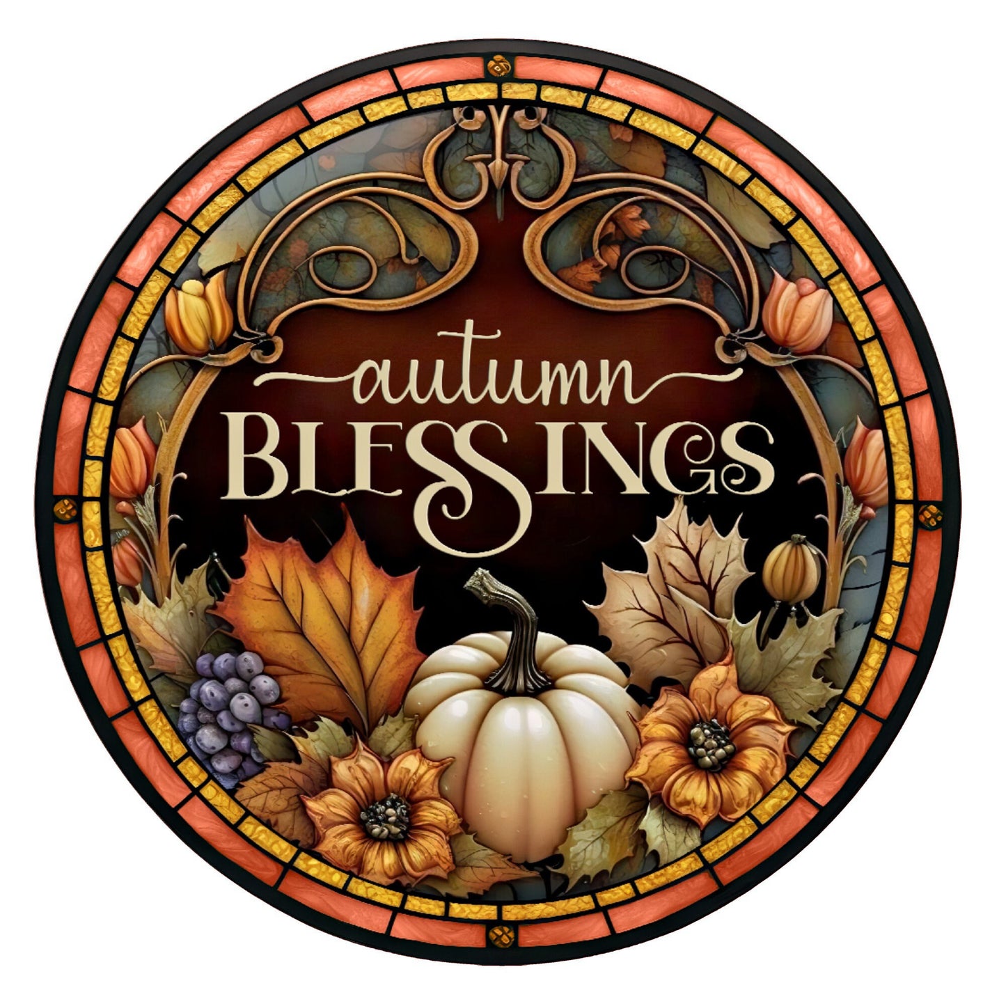 Pumpkins autumn blessings, greetings and welcome friends wreath sign, choose your saying wreath sign, metal wreath sign, round wreath sign