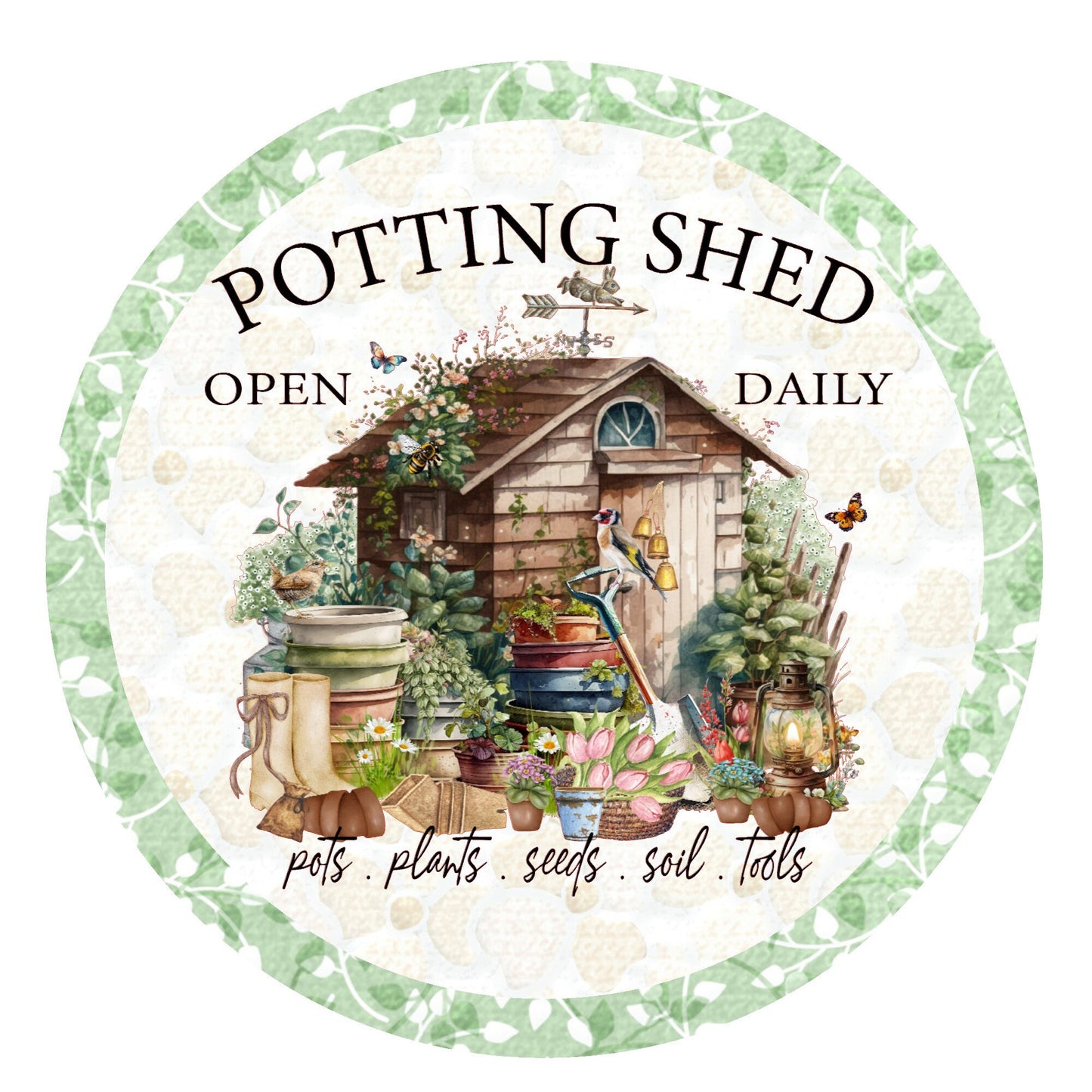 Potting shed wreath sign, metal wreath sign, signs for wreaths, round wreath sign, door decor, summer wreath sign, Lindys sign creations