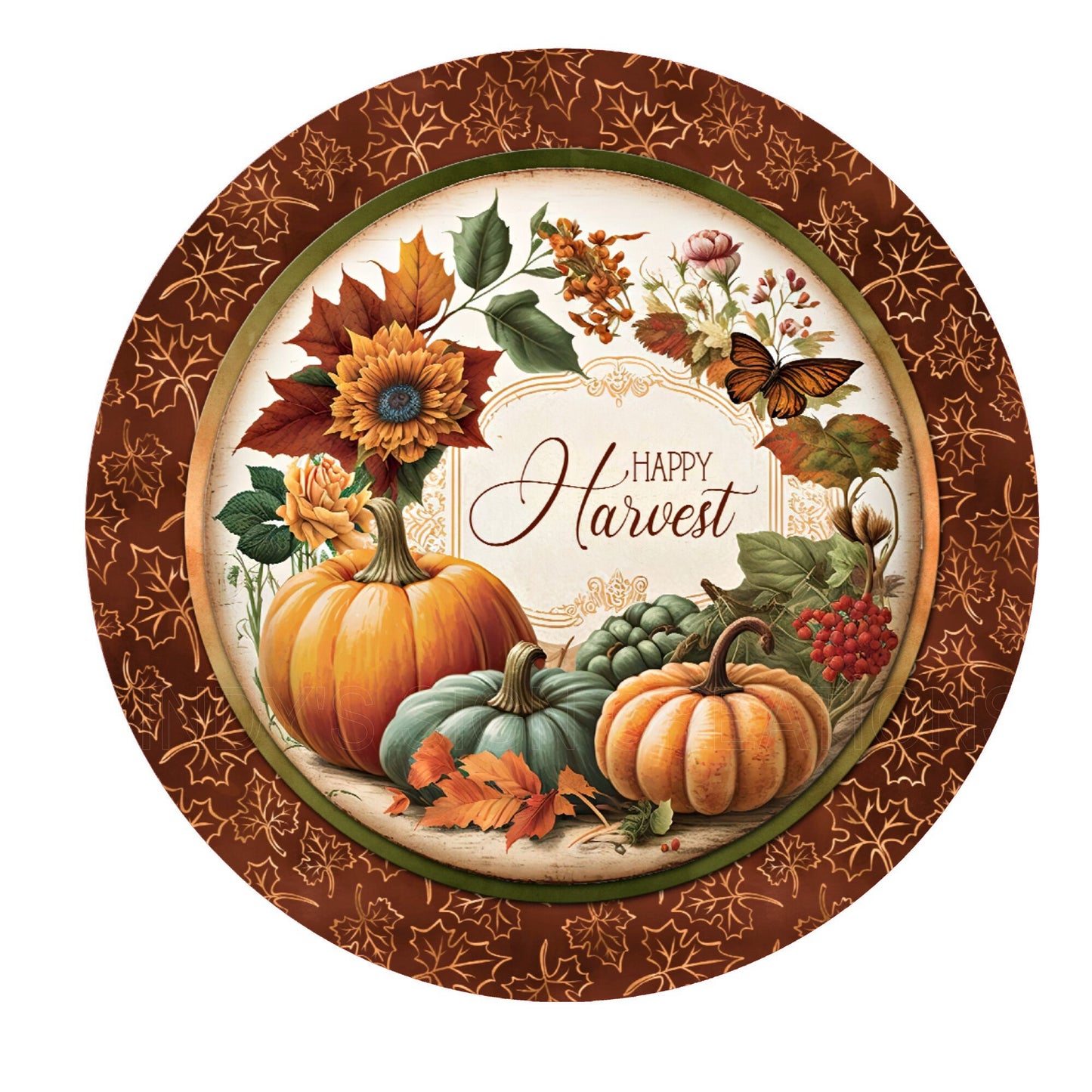 Happy harvest wreath sign, pumpkins wreath sign, metal wreath sign, round wreath sign, door decor, lindys sign creations