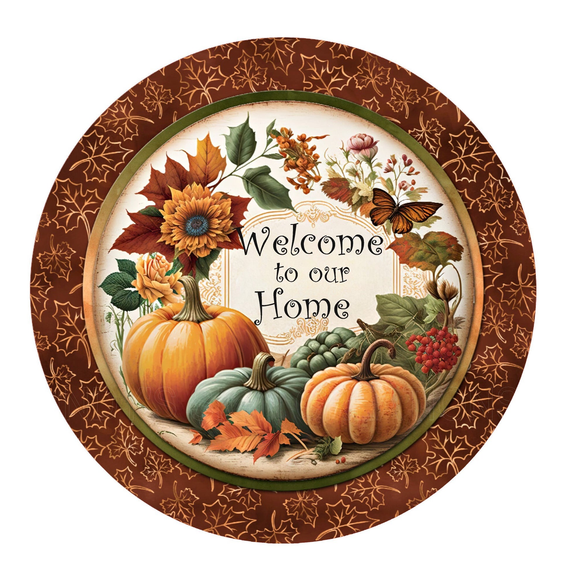 Welcome to our home pumpkin wreath sign, metal wreath sign, signs for wreaths, round wreath sign, door decor, lindys sign creations