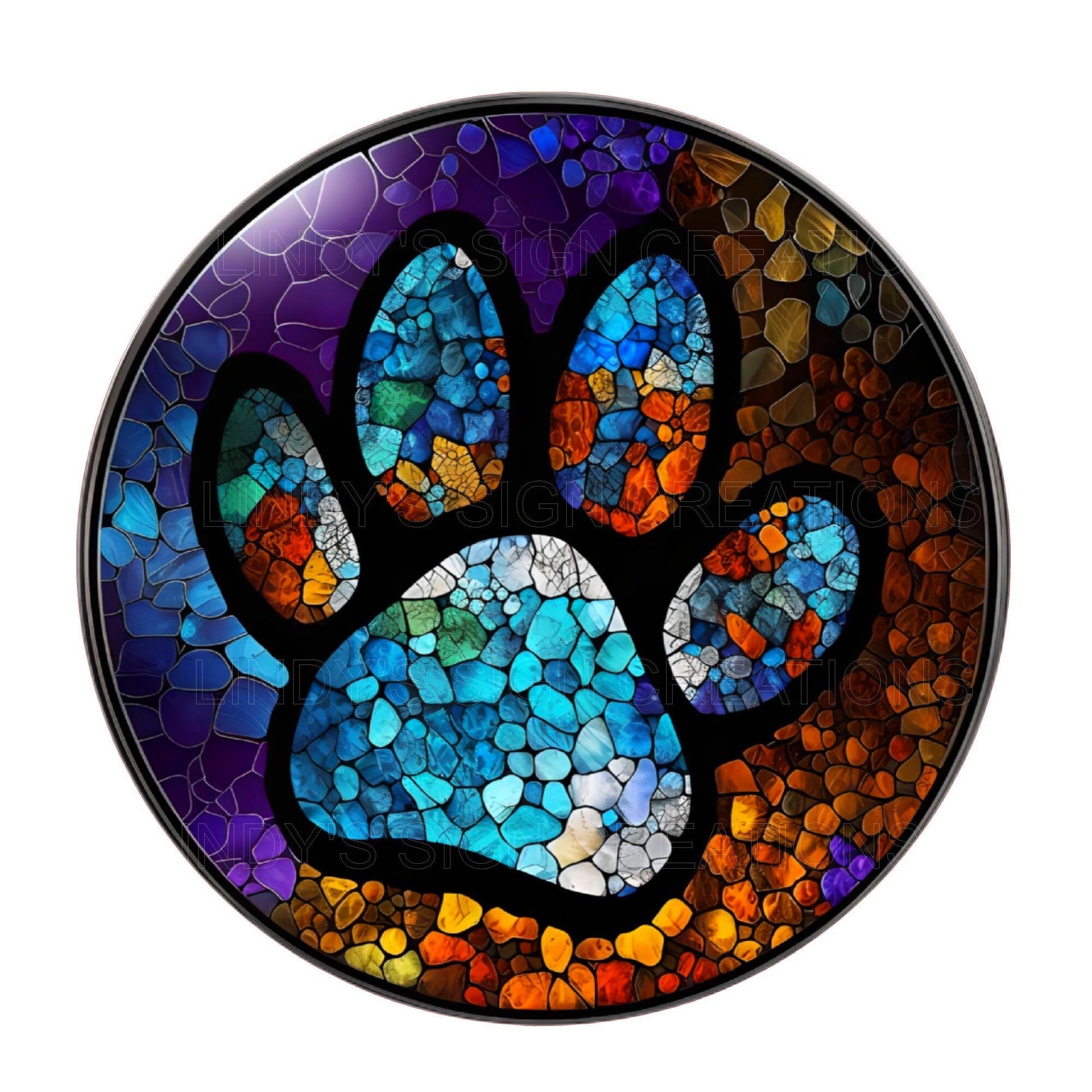 Faux stained glass pet paw wreath sign, metal wreath sign, signs for wreaths, round wreath sign, door decor, Lindys sign creations